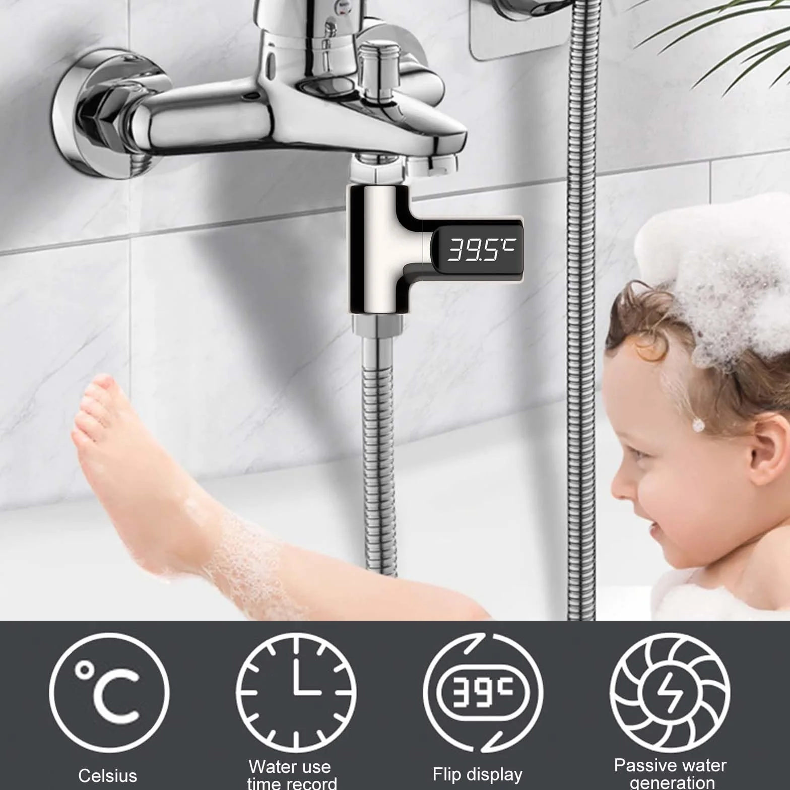 Molbory Cyfrowy termometr łazienkowy LED 5 – 85 ℃ w czasie rzeczywistym, przepływ wody z obrotowym ekranem o 360°, termometr do wody dla dzieci, termometr pod prysznic