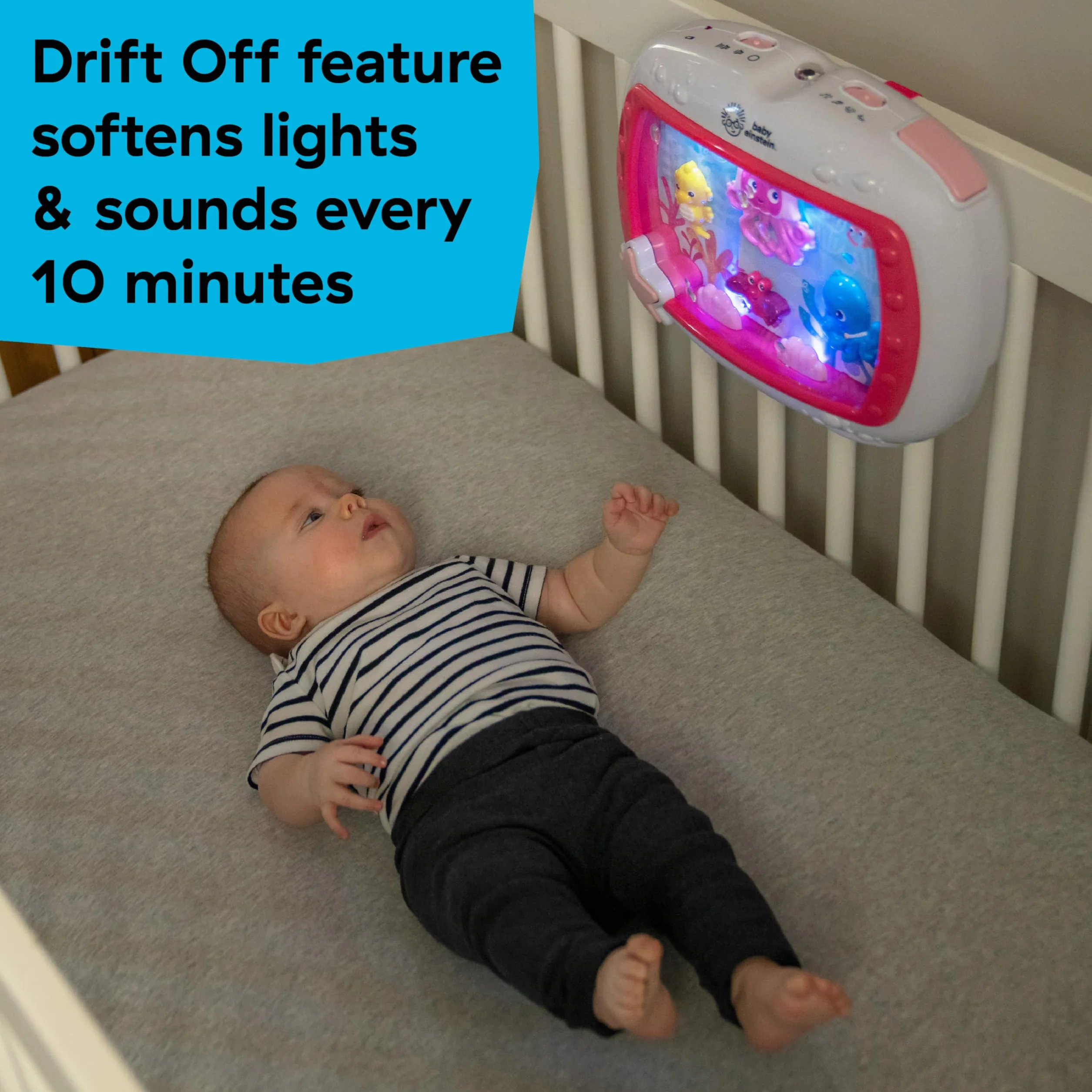 Baby Einstein Sea Dreams Soother automat dźwiękowy do spania i zabawka do łóżeczka dziecięcego z pilotem zdalnego sterowania, kojące światło nocne i białe szumy dla noworodka, dla spokojnego snu, 0+