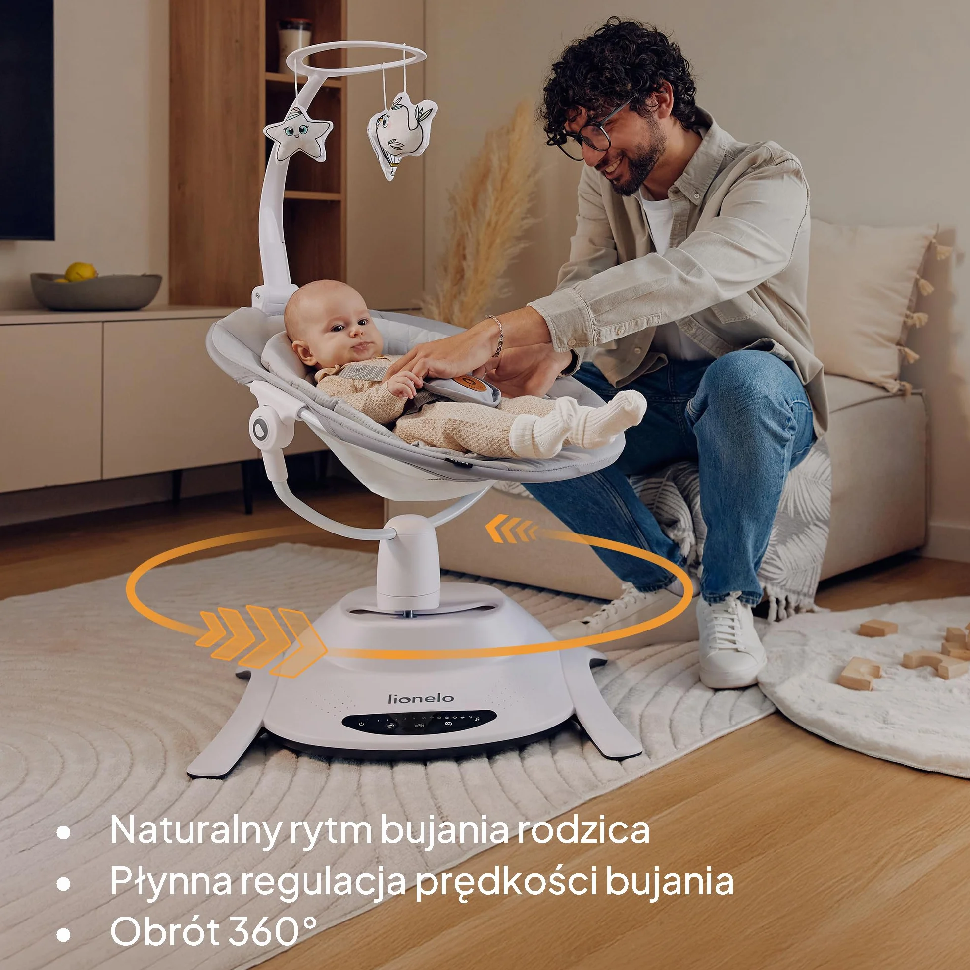 LIONELO Bella zestaw 2 w 1 elektryczny kołyska dla niemowląt, 360o gondola dla niemowląt do 9 kg, regulowane oparcie, 5 prędkości huśtawki, antypoślizgowy pas bezpieczeństwa