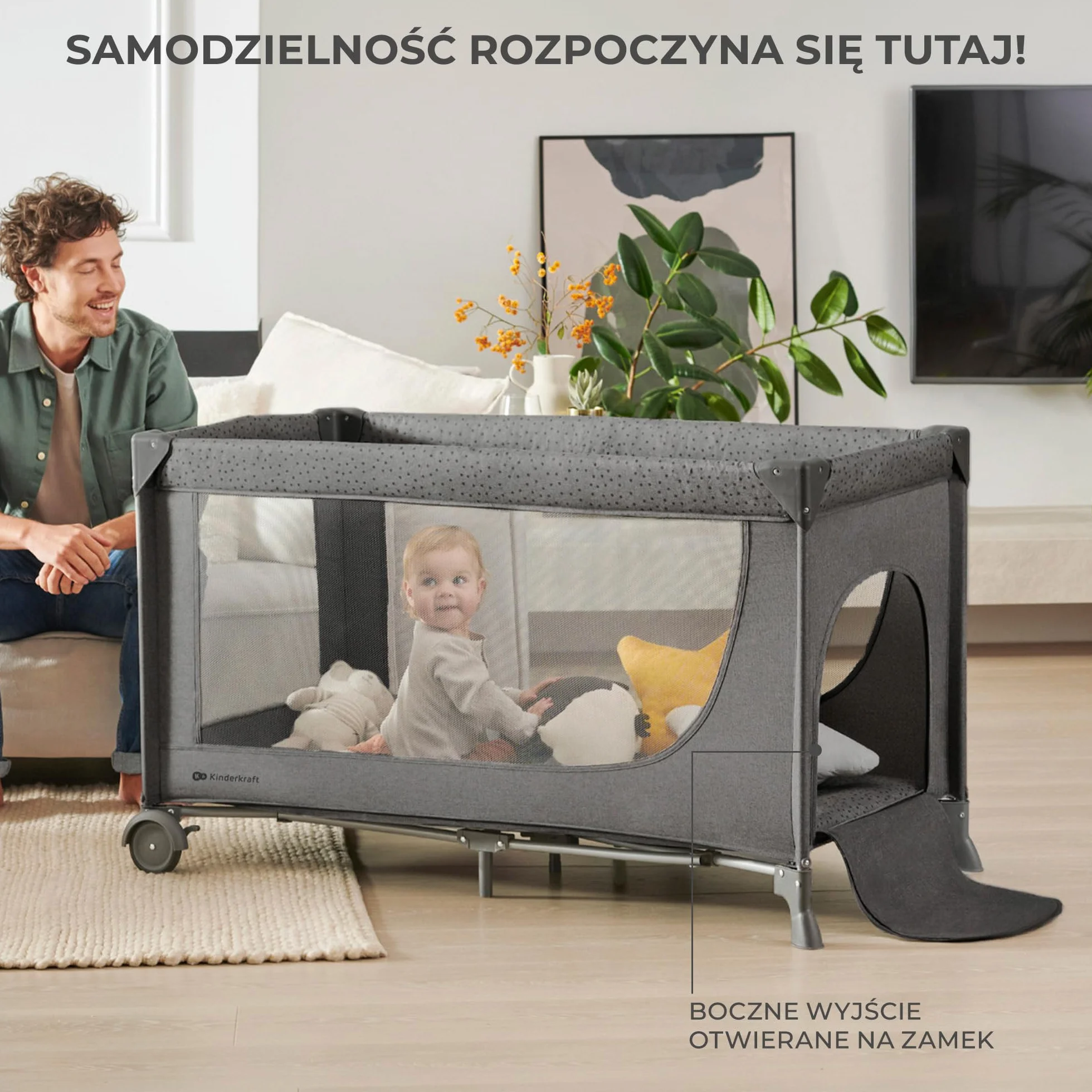 Kinderkraft JOY 2 Łóżeczko turystyczne 2 w 1, Boczne wejście, Szybkie składanie i rozkładanie, Zabezpieczenie przed złożeniem, Kółka i torba ułatwiające transport, Beżowy