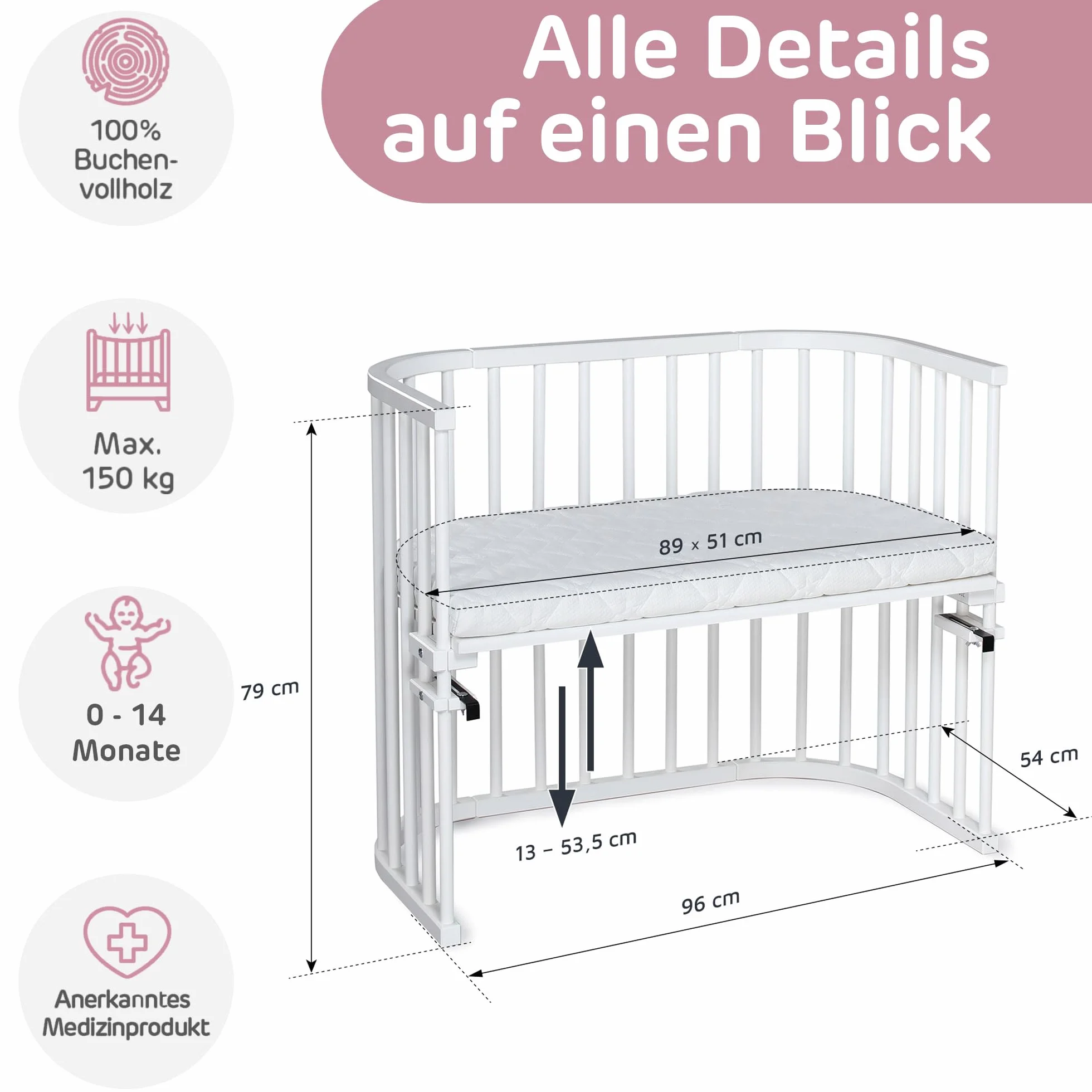 Babybay 160102 Dostawka Biały Lakierowany 94 x 54 x 79 cm