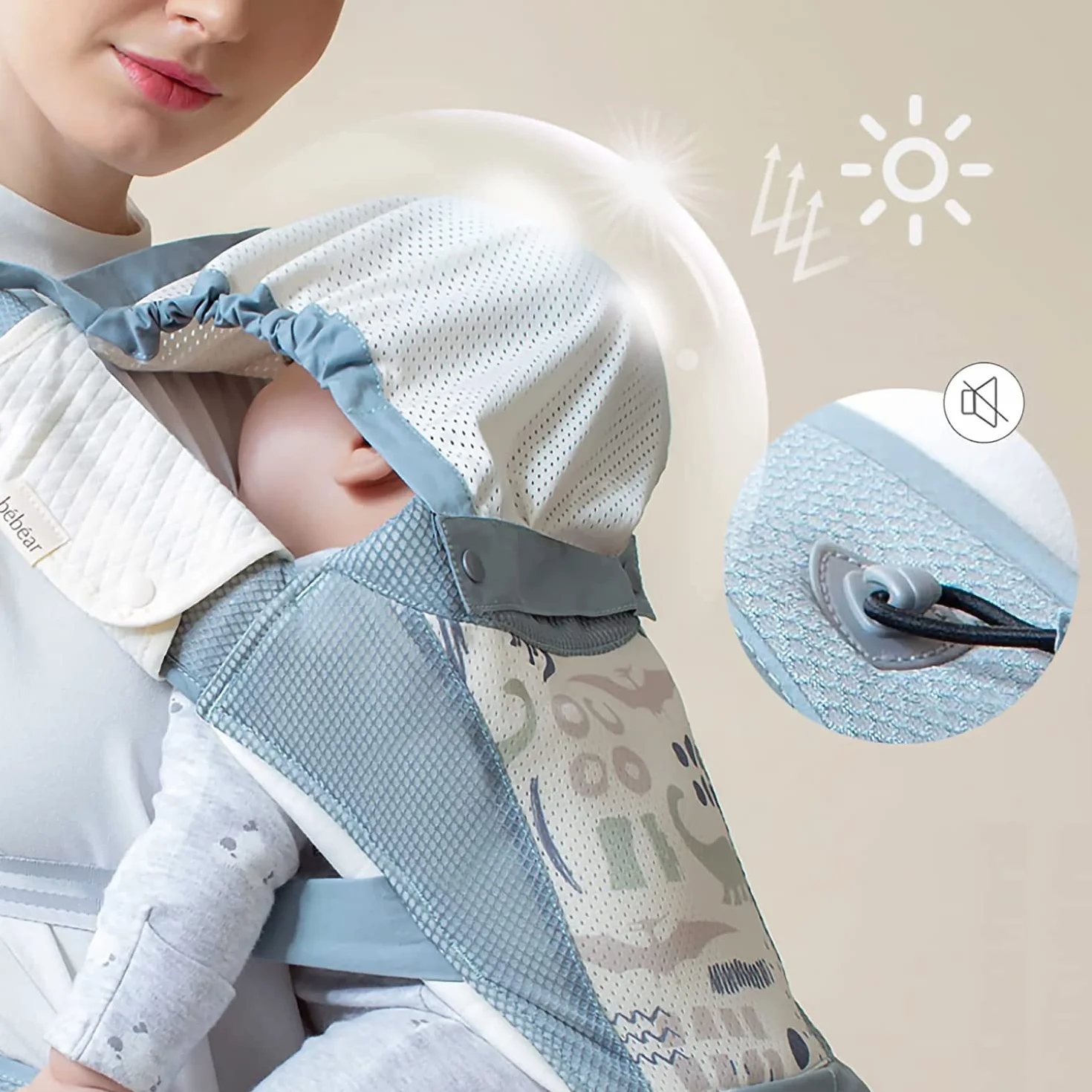 Bebamour Ergonomiczne nosidełko dla niemowląt z siedziskiem biodrowym/czysta bawełna, lekka, oddychająca, wielofunkcyjna, dla niemowląt na 0-36 miesięcy (Air Grey with Designed)
