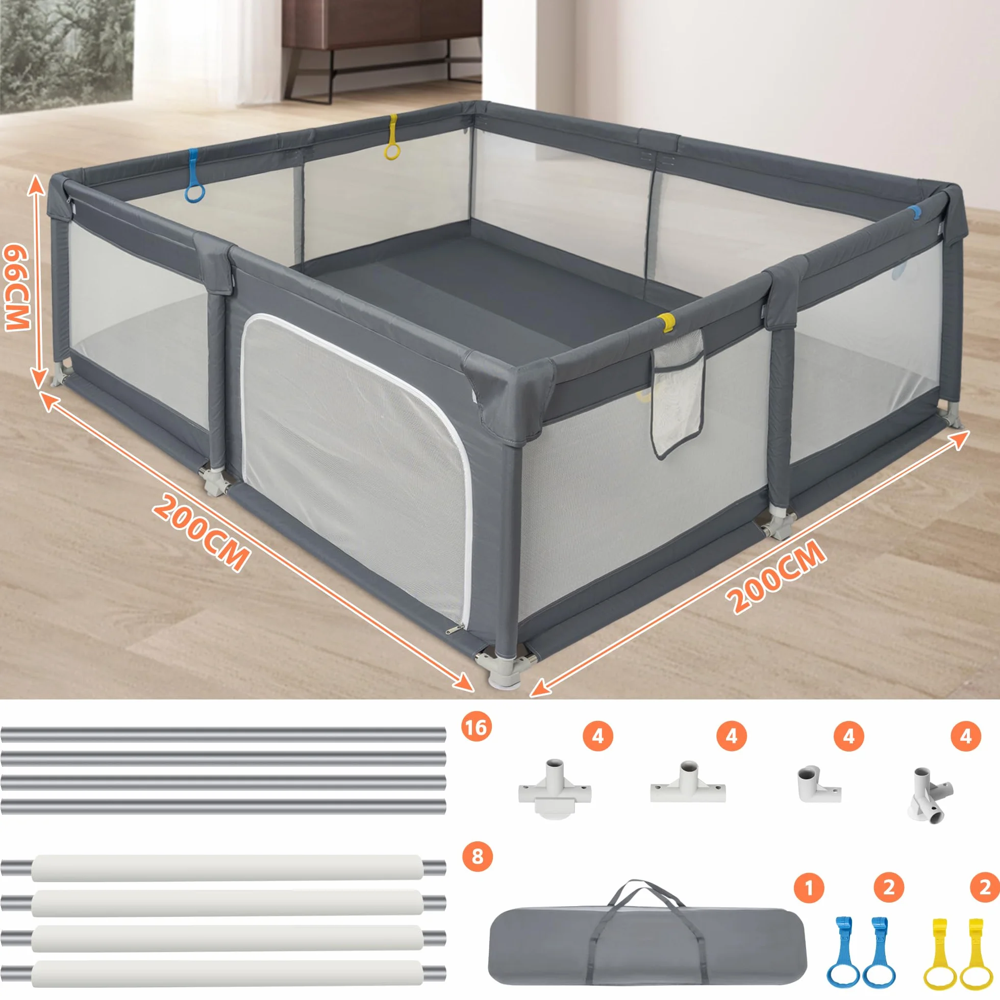 OUUTMEE Kojec dla niemowląt 200 x 200 cm antypoślizgowa podstawa szaro-czarny z torbą