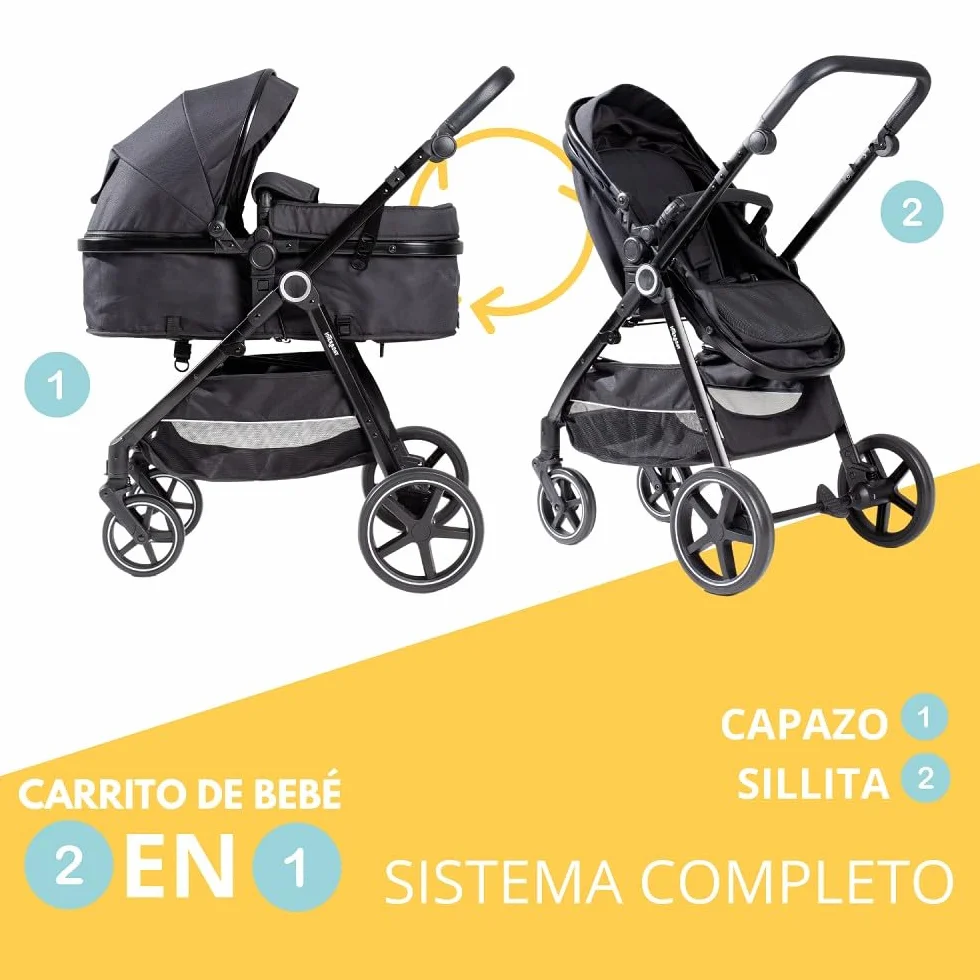 Wózek dziecięcy 2 w 1, model Versa - Interbaby | Uniwersalny wózek dziecięcy z regulowanym siedziskiem i wyściełanym łóżeczkiem dziecięcym – od urodzenia do 48 miesięcy lub 22 kg