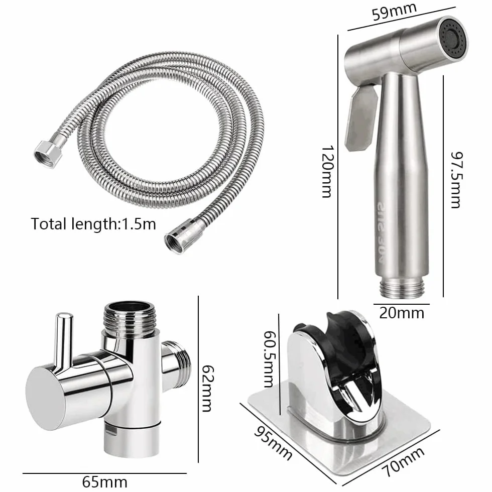 Bidet słuchawka prysznicowa do WC – ręczny zestaw rozpylacza bidetowego z zaworem T G1/2", wężem i uchwytem – srebrny