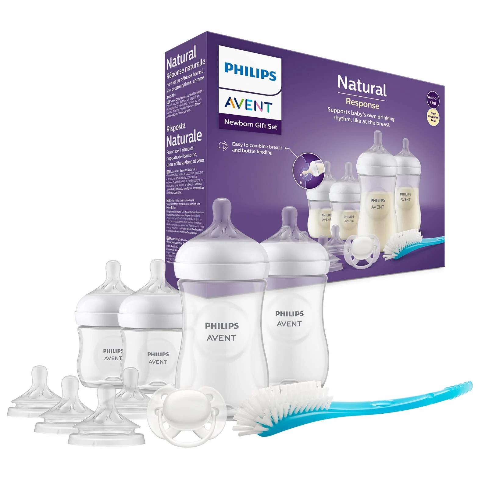 Philips Avent Zestaw butelek Natural z Responsywnym smoczkiem dla noworodków—4 butelki dla niemowląt, 2 smoczki, smoczek Ultra Soft i szczotka do butelek, wiek: 0–12 miesięcyi (model SCD838/13)