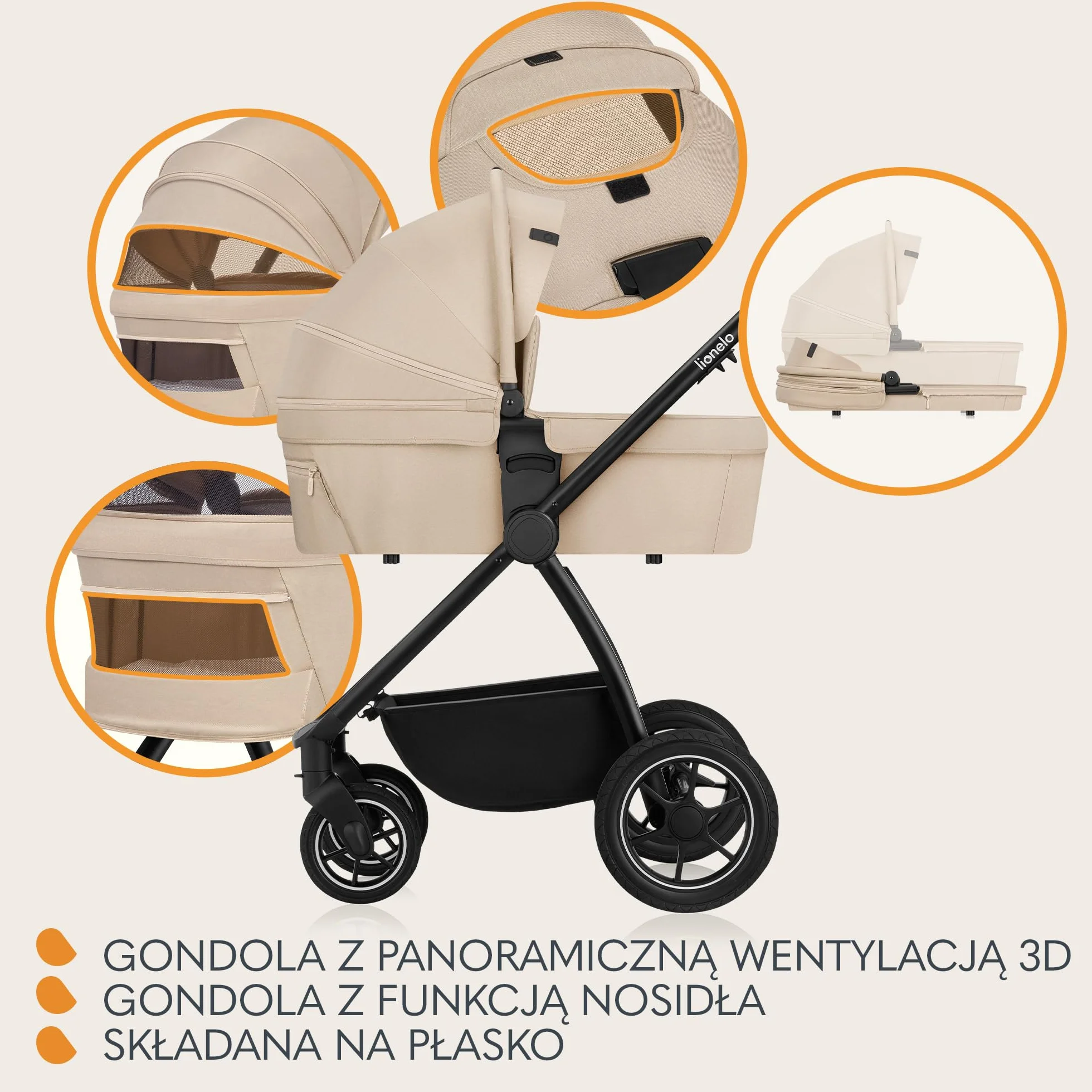 LIONELO MERIL 3 in 1 Wielofunkcyjny Wózek Dziecięcy 0-48 Miesięcy Do 22 Kg, Gondola Do 9 Kg, Fotelik Samochodowy Do 13 Kg, Koła Terenowe 360°, Pełna Amortyzacja, Budka XXL UPF50+ (Beżowy)