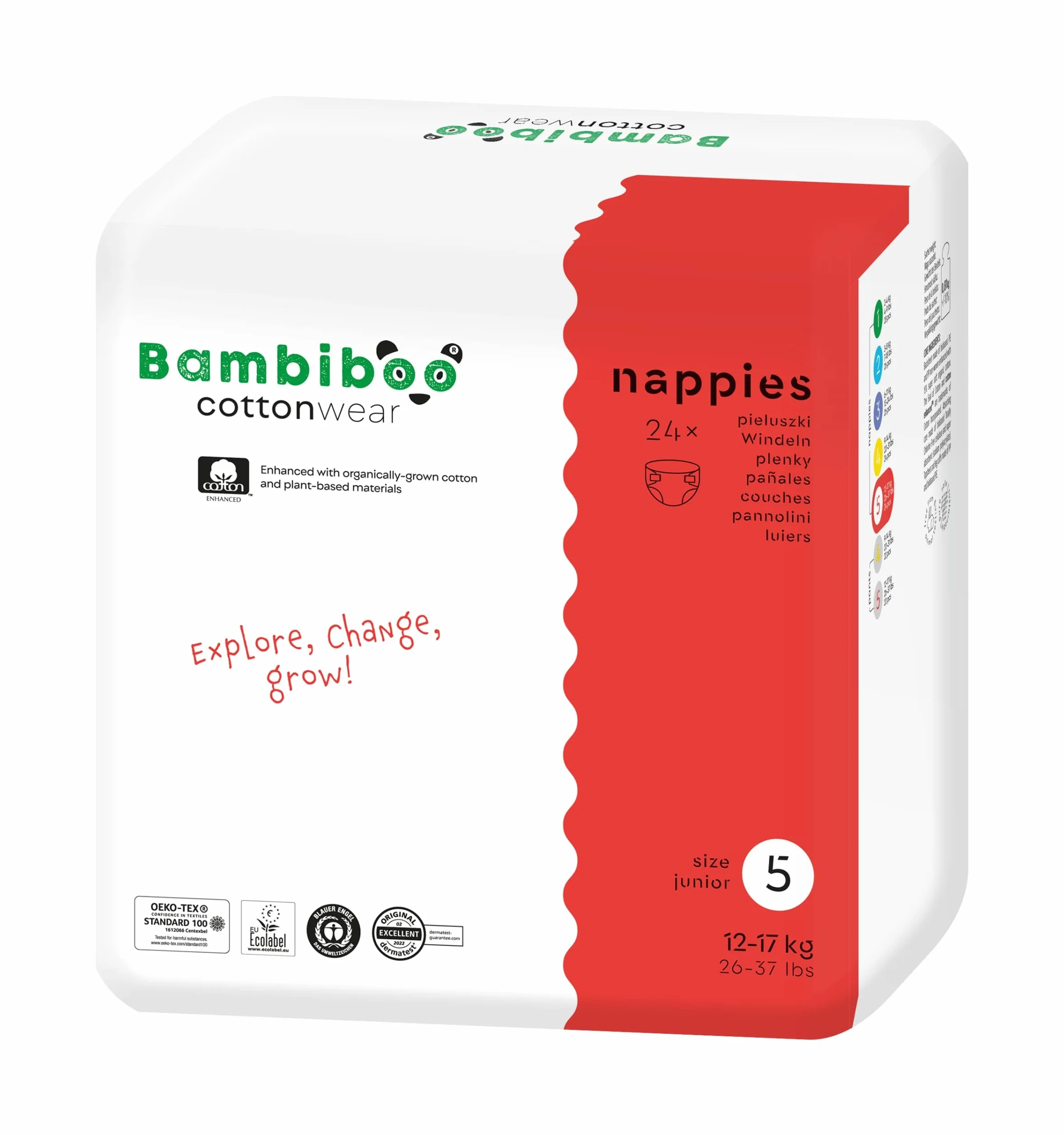 Bambiboo Pieluchy niemowlęce rozmiar 5 Junior (12-17 kg) – COTTONWEAR – jednorazowe pieluchy dla niemowląt z bawełny organicznej i materiałów roślinnych ze wskaźnikiem wilgotności – 24 szt.