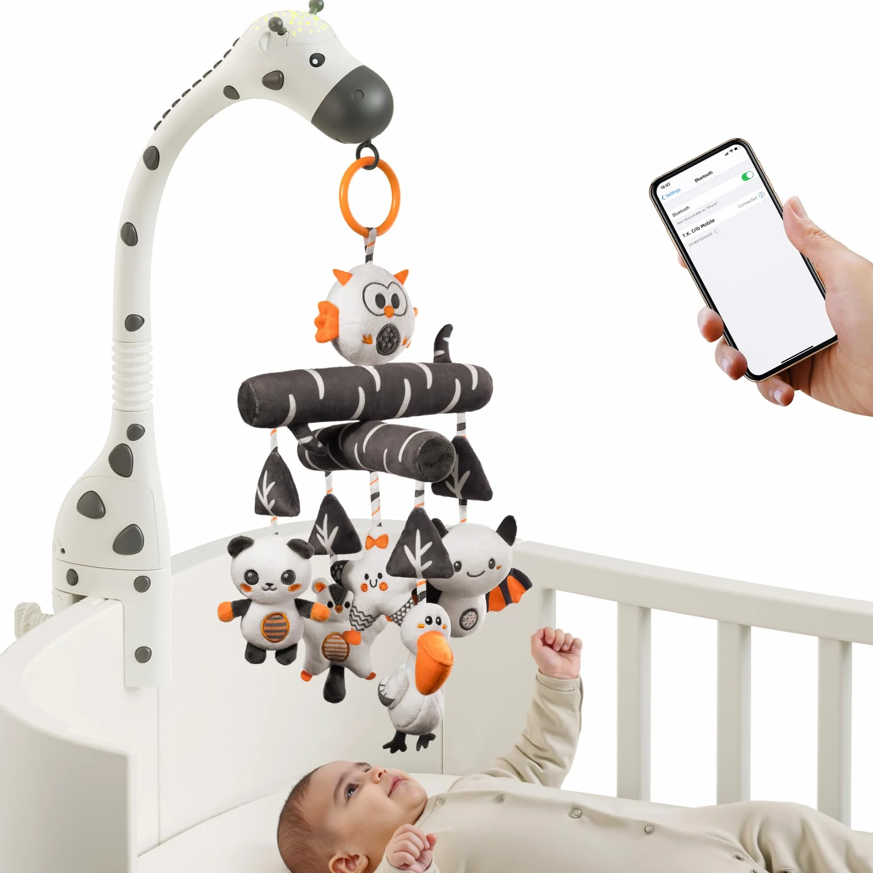 TUMAMA Mobilne łóżeczko dziecięce z muzyką, zawieszka na ramię do łóżeczka, mobilne łóżeczko dziecięce, mobilne łóżeczko dziecięce z miękką czarno-białą zabawką sensoryczną, mobilny gong dla dziecka