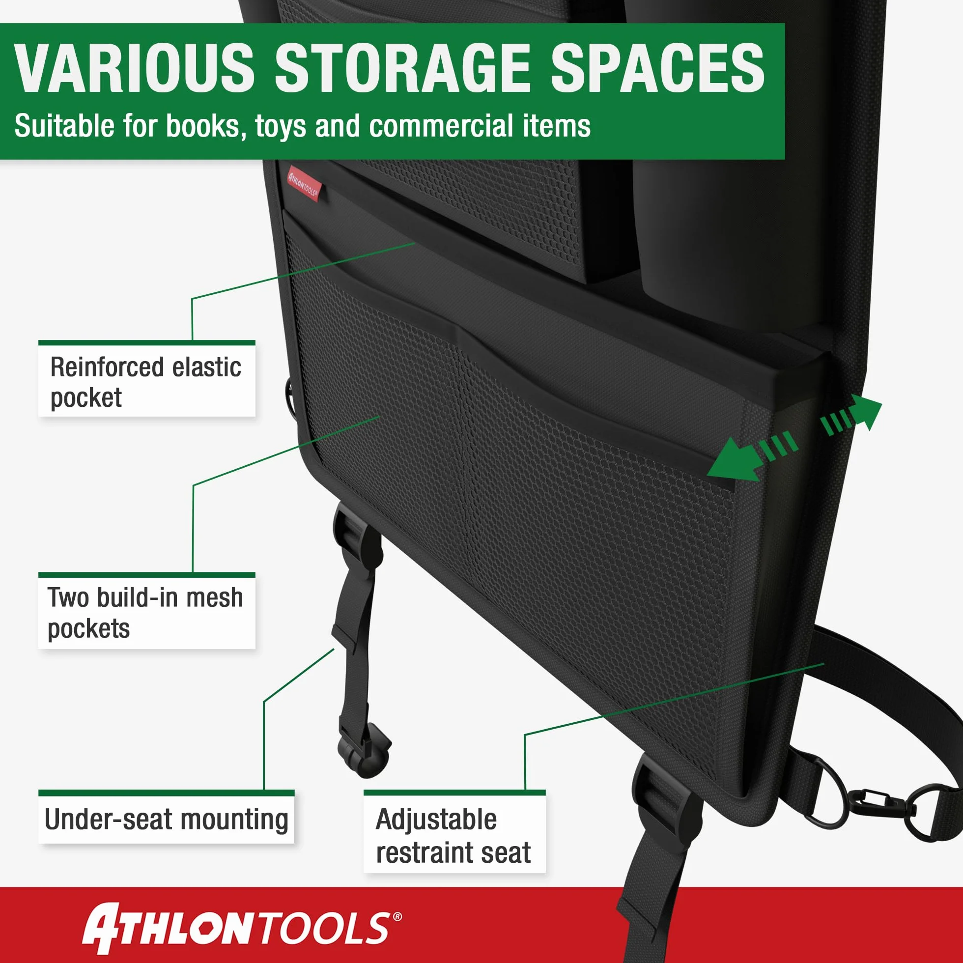ATHLON TOOLS Najstabilniejszy organizer na fotel samochodowy z uchwytem na tablet, wzmocniony tył, bezpieczny dla żywności, z dodatkowym piórnikiem, biznesowy / dla dzieci, zaprojektowany w Hamburgu