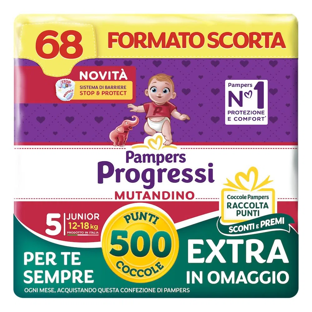 Pampers Postęp Majtki dla juniorów + 500 punktów dodatkowe przytulanki, rozmiar 5 (12-18 kg), 68 pieluch (rozmiar zapasowy)