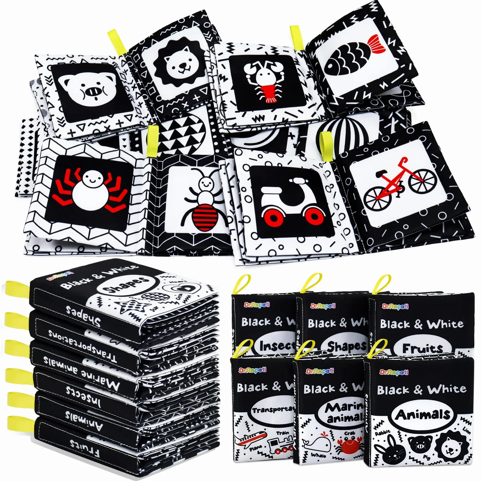Dr.Rapeti 6 Pack Soft Baby Cloth Book Sensory Bath Crinkle Black White High Contrast Washable Nontoxic Educational Toy