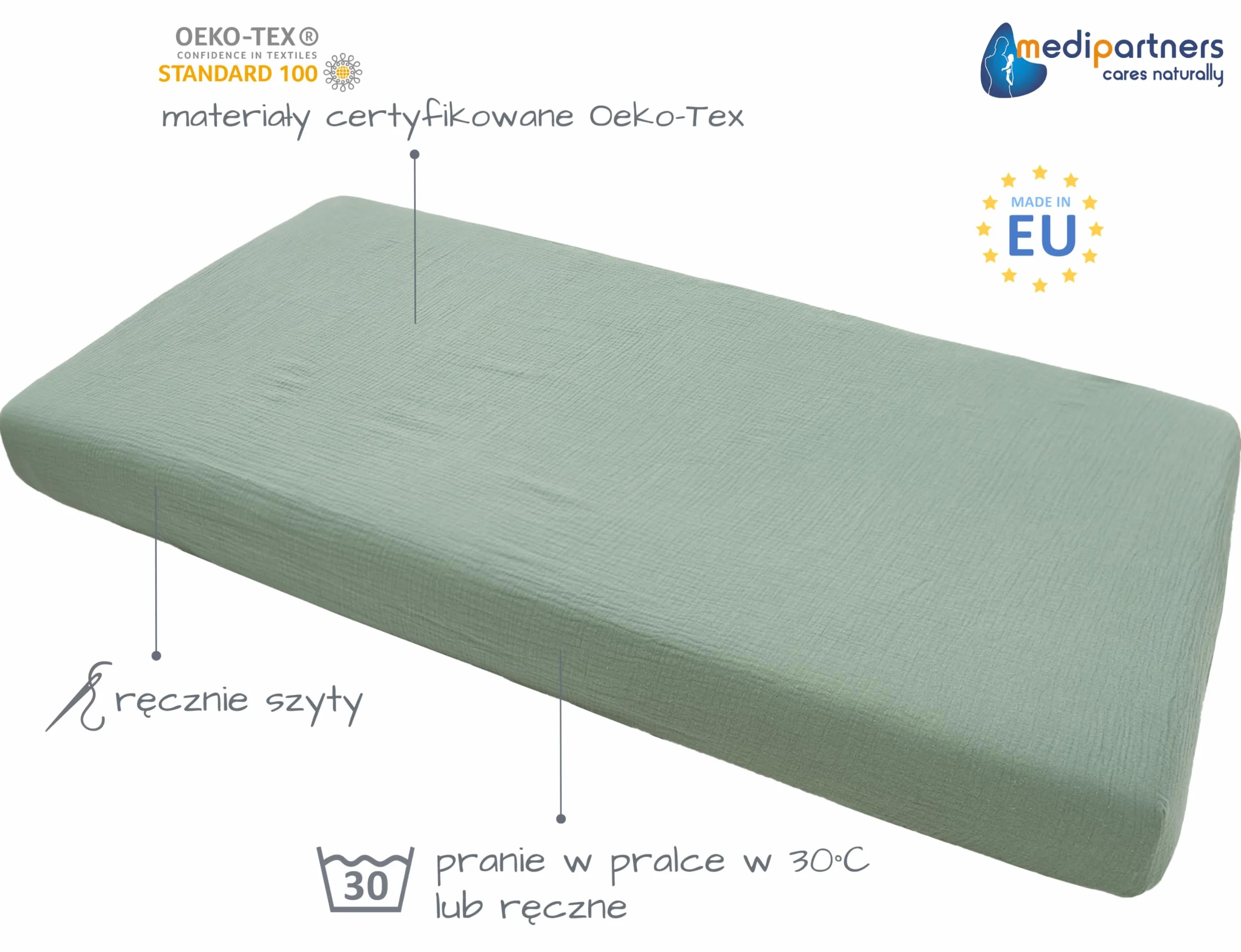 Medi Partners Prześcieradło z gumką muślinowe 60x120 Prześcieradło do łóżeczka dziecięcego 100% bawełna (Oliwka)
