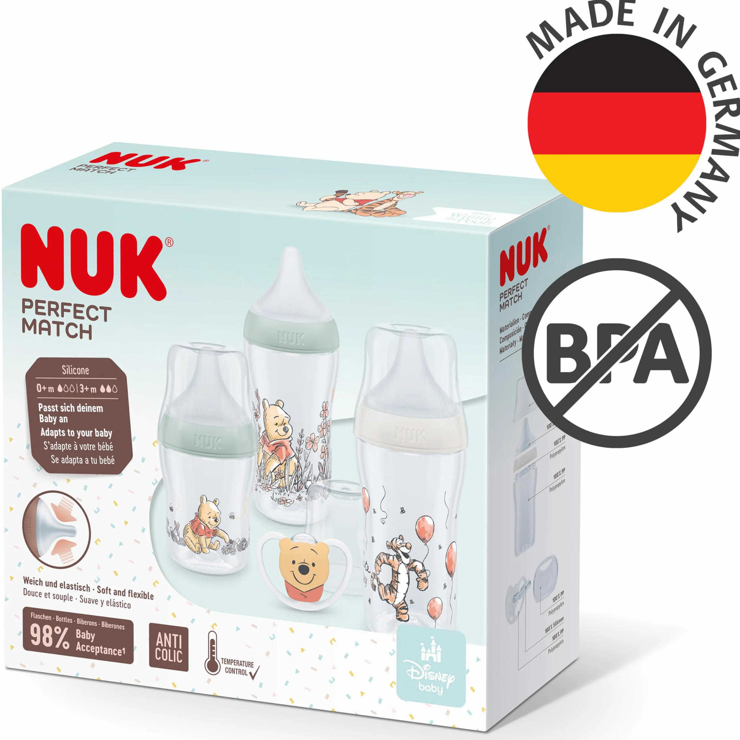 NUK Perfect Match Zestaw butelek dla niemowląt, 0-6+ miesięcy, pasuje do podniebienia dziecka, 3 butelki antykolkowe i smoczek Space, bez BPA, Disney Kubuś Puchatek, 4 szt