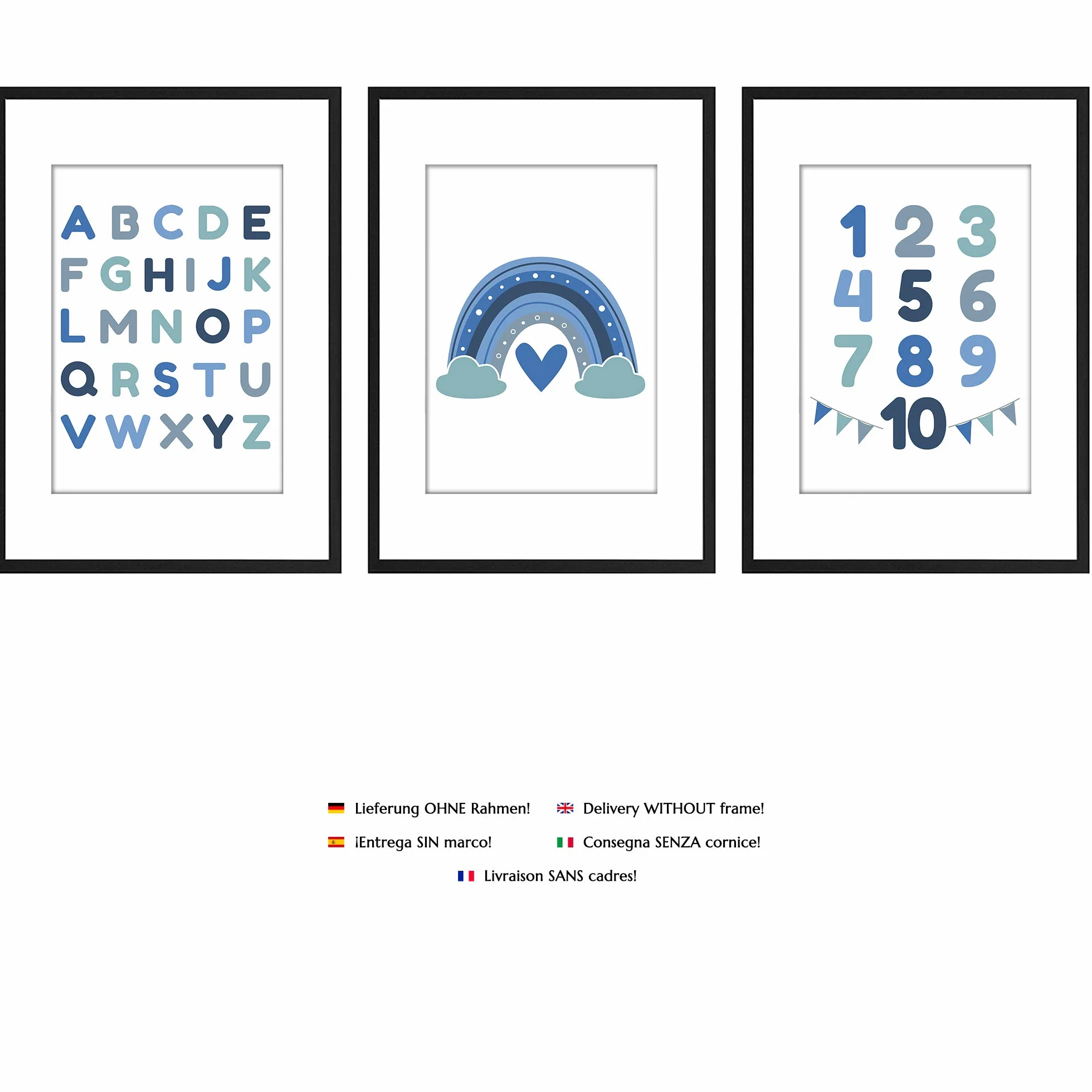 PREMYO 3 Plakat Dekoracja ściany - Dekoracja pokoju dziecięcego chłopca - Alfabet ABC Tęcza Niebieski Gruby Papier A4