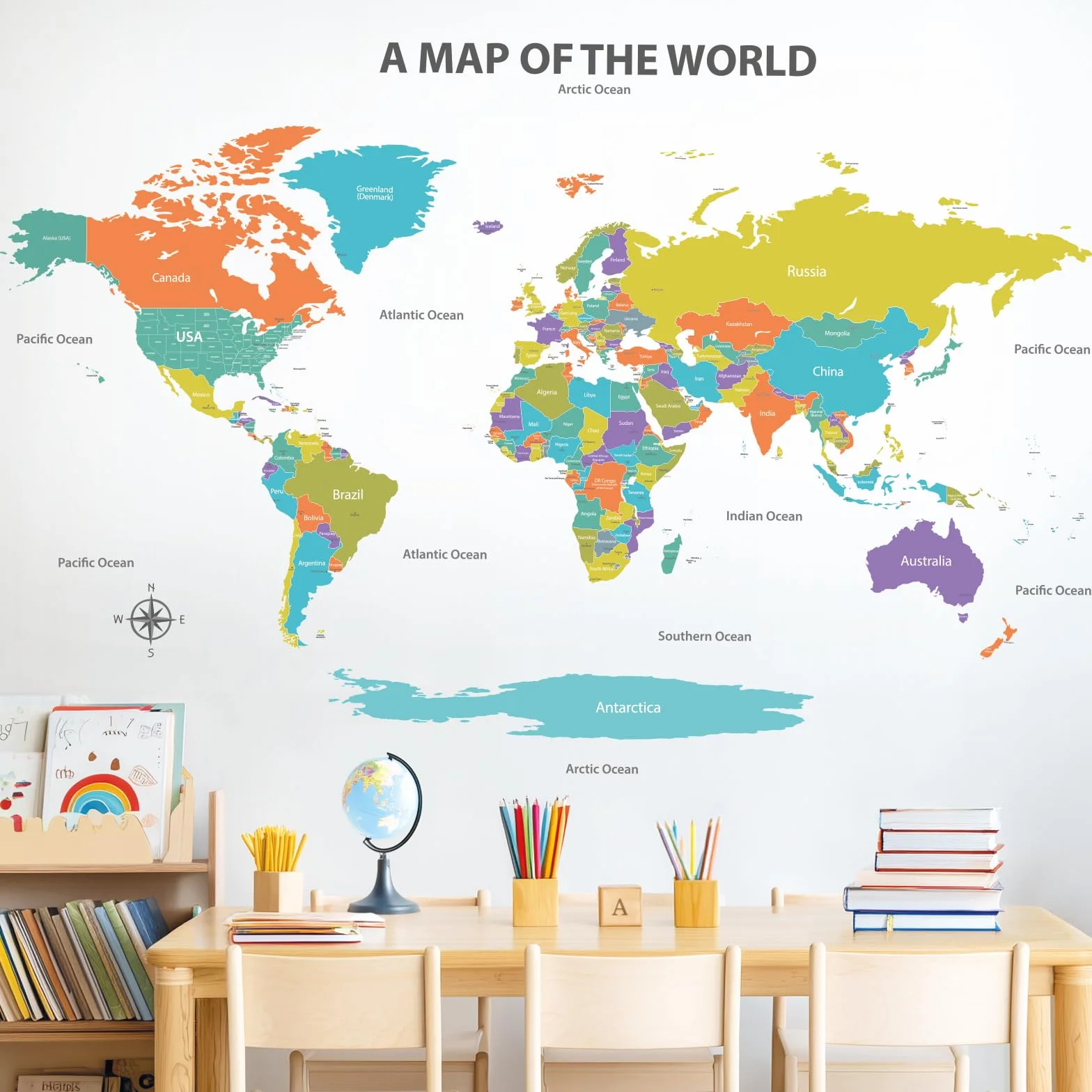 DECOWALL SG2-2414 kolorowa mapa świata tatuaż ścienny 120 x 75 cm edukacyjna dekoracja