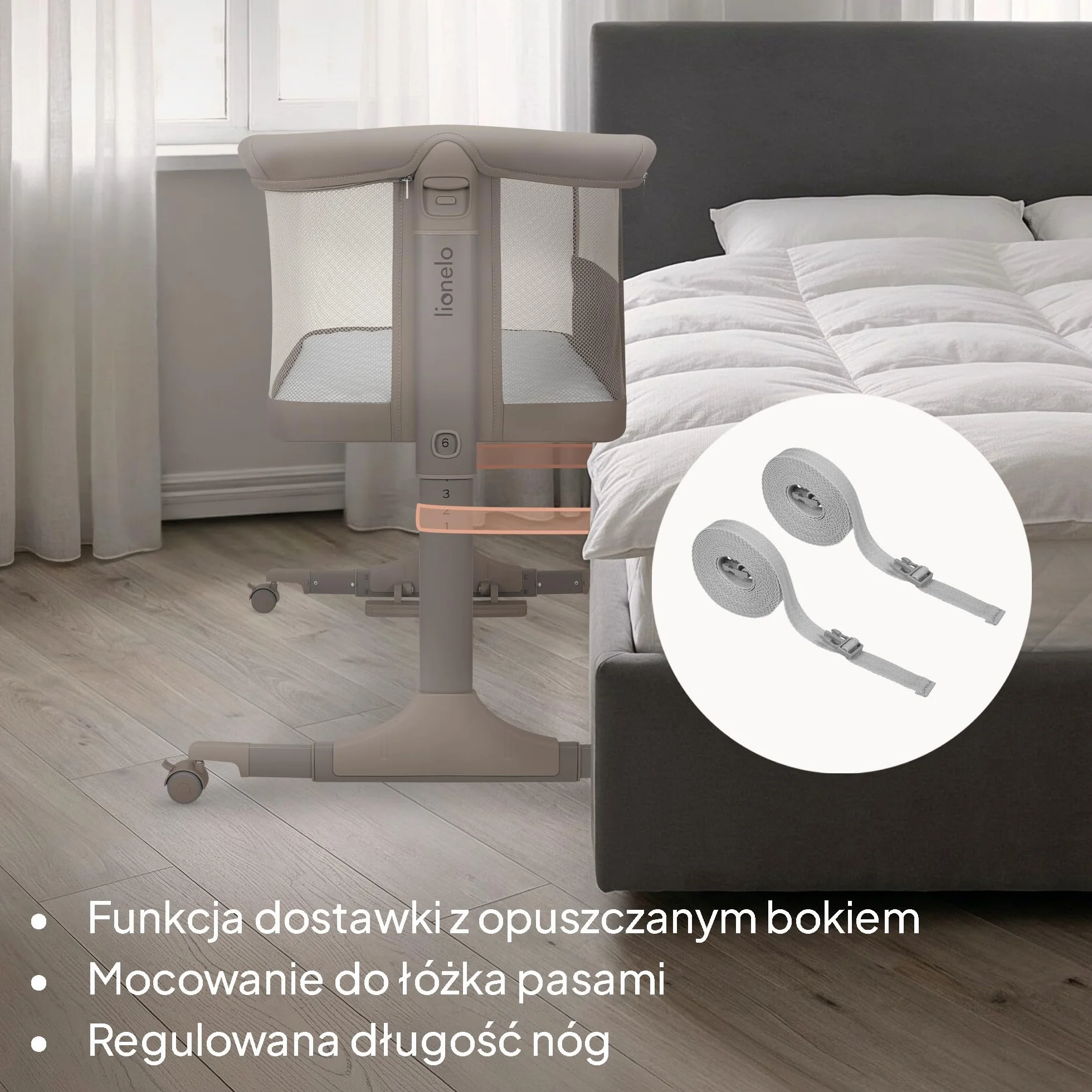 Lionelo PARI łóżeczko nocne 3 w 1 regulowane 6 poziomów kołysanie pochylany materac siatka zamykane kółka torba podróżna