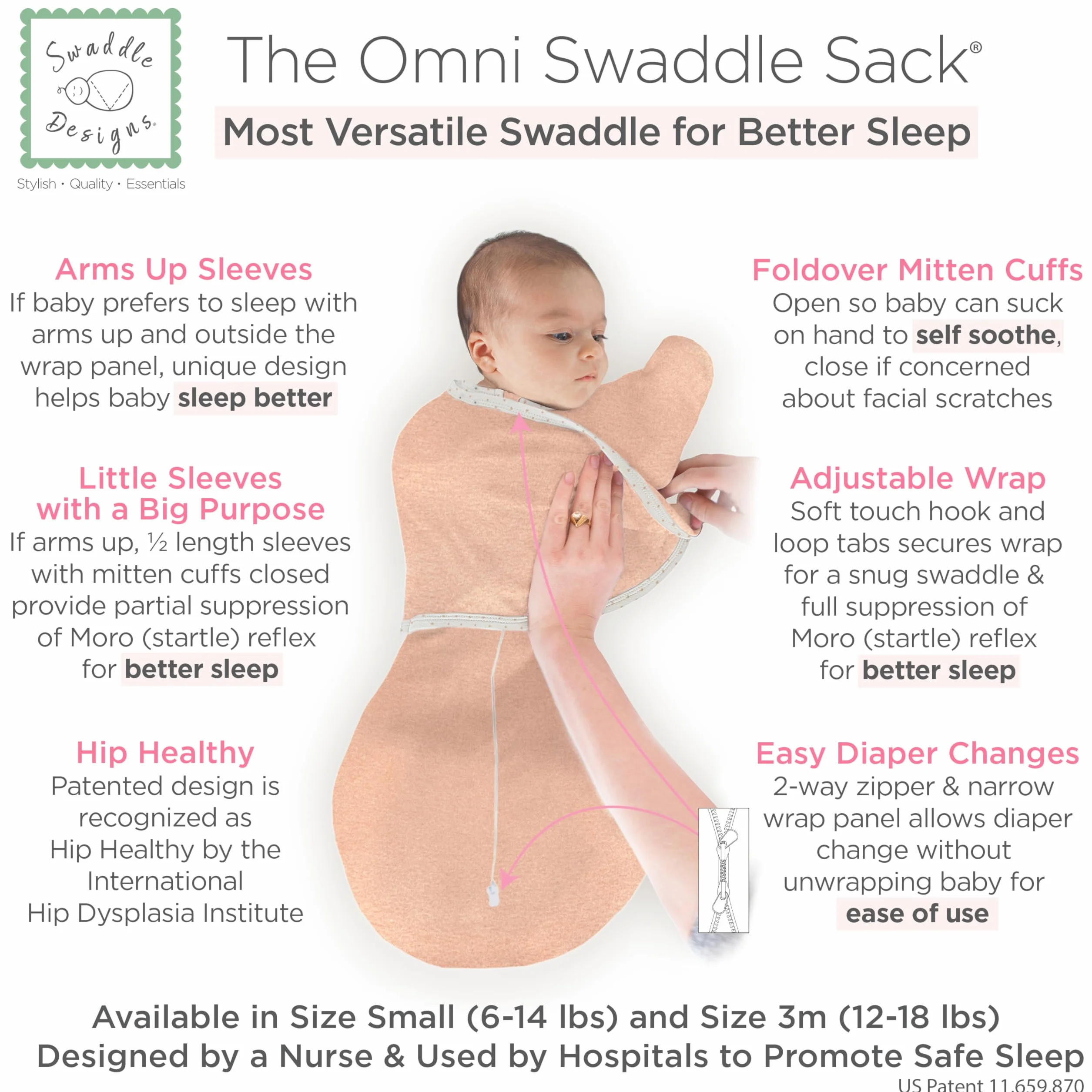 SwaddleDesigns Omni worek do przewijania, rękawy do połowy długości i mankiety z rękawiczkami, łatwe przejście, wrzosowy róż brzoskwiniowy, 0-3 miesiące