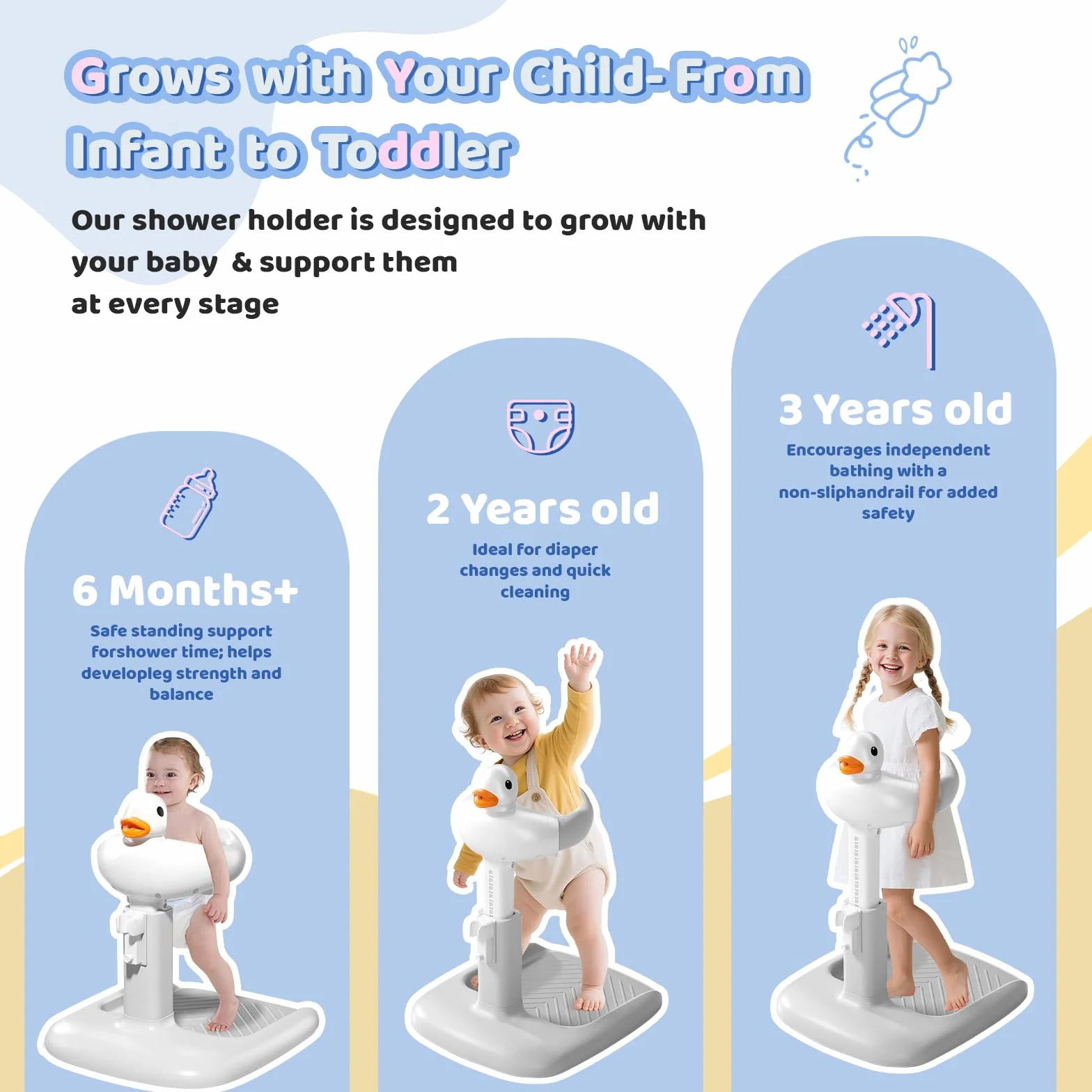 Stojak pod prysznic dla niemowląt – regulowany stojak na baby shower z antypoślizgową podstawą – stojak pod prysznic dla dzieci – zamiast siedziska do wanny dla niemowląt – do kąpieli, zmiany