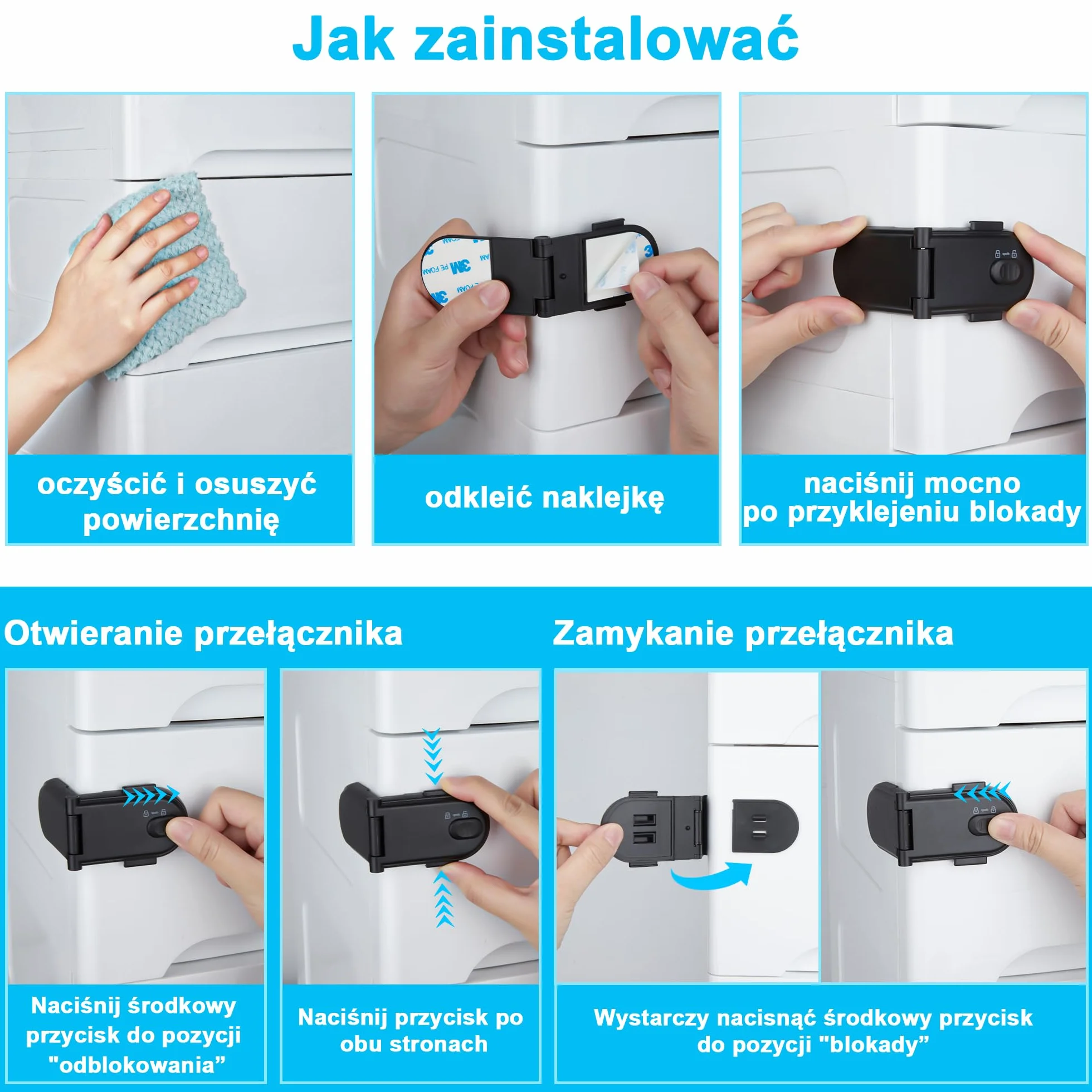 REDTRON Zamki do szafek dla dzieci z podwójnym wyłącznikiem bezpieczeństwa (4 sztuki, czarne), nietoksyczne zamki do szafek dla dzieci, zamki do szuflad, drzwi, łatwe w montażu z klejem 3M