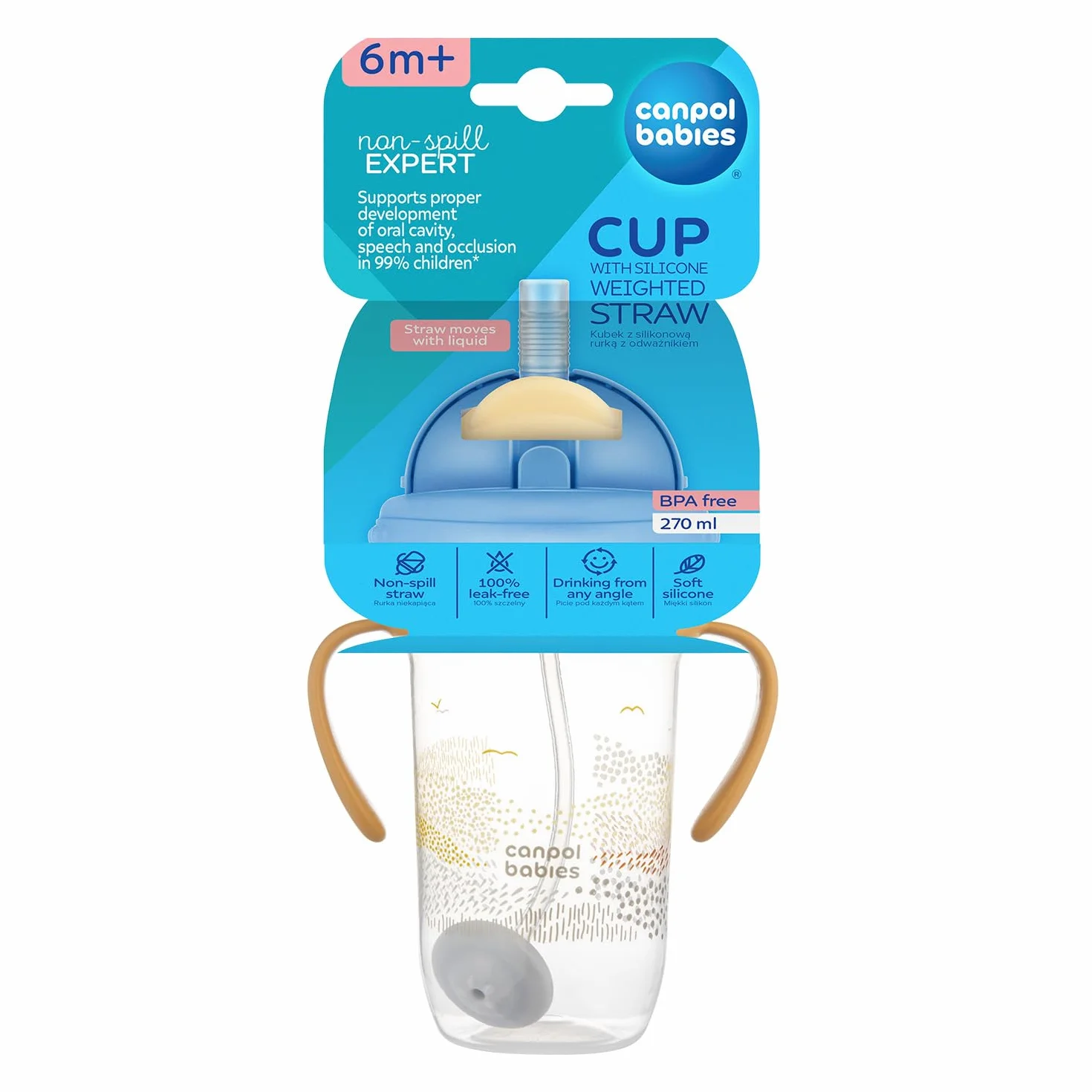 Canpol babies Kubek niekapek z rurką i odważnikiem 270 ml, 6m+, Picie pod każdym kątem, Niekapiąca miękka silikonowa rurka, Szczelna pokrywka (Żółty MOUNTAINS)