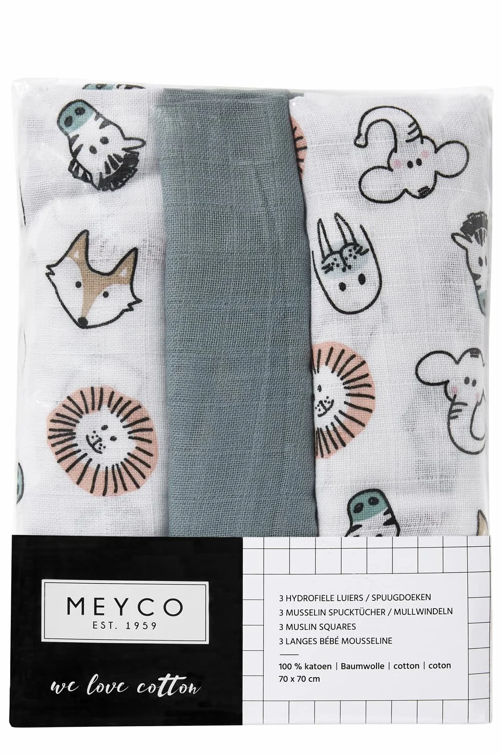 Pieluszki materiałowe Meyco - zestaw 3-70x70cm - Animals/Uni - Stone Green/White