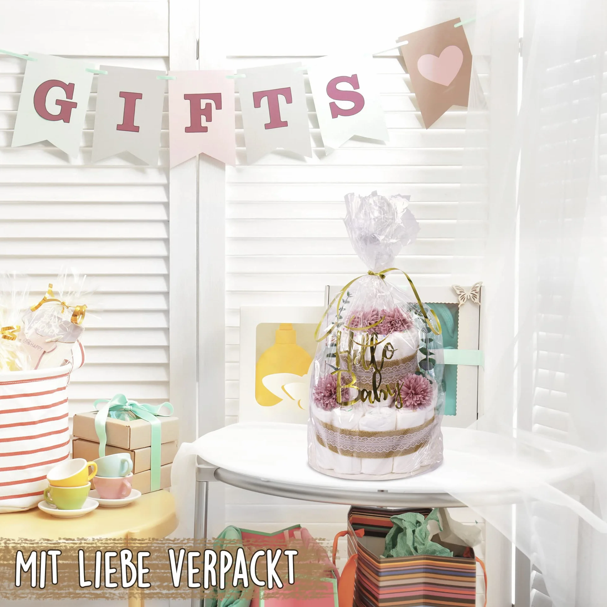 MilaBoo® Tort pieluchy vintage, eukaliptus, liliowy, wysokiej jakości prezent dla noworodka z pieluchami (fioletowy)