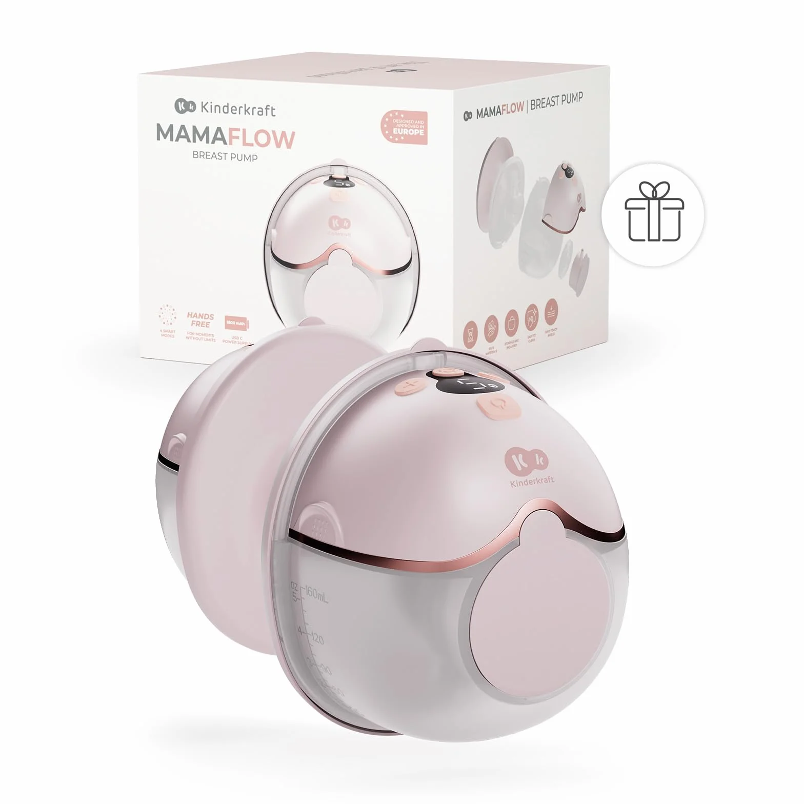 Kinderkraft MAMAFLOW elektryczny laktator pojedynczy, bezprzewodowy i przenośny, 4 tryby, 9 poziomów intensywności, funkcja pamięci, do 180 min pracy, ładowanie USB-C, łatwe czyszczenie, Różowy
