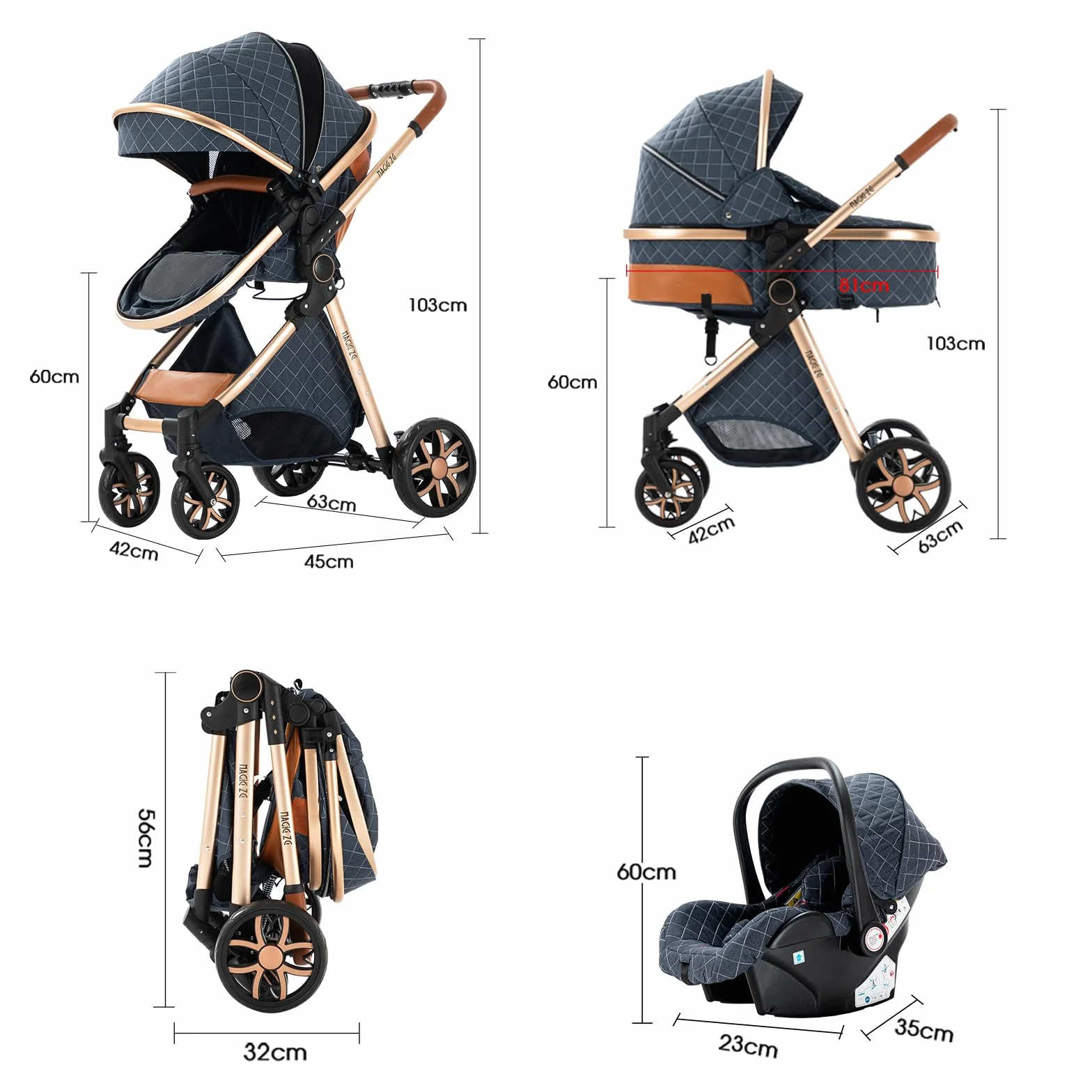 MoLi Trio wózek dziecięcy 3 w 1 składany aluminiowy 225 Black Gold