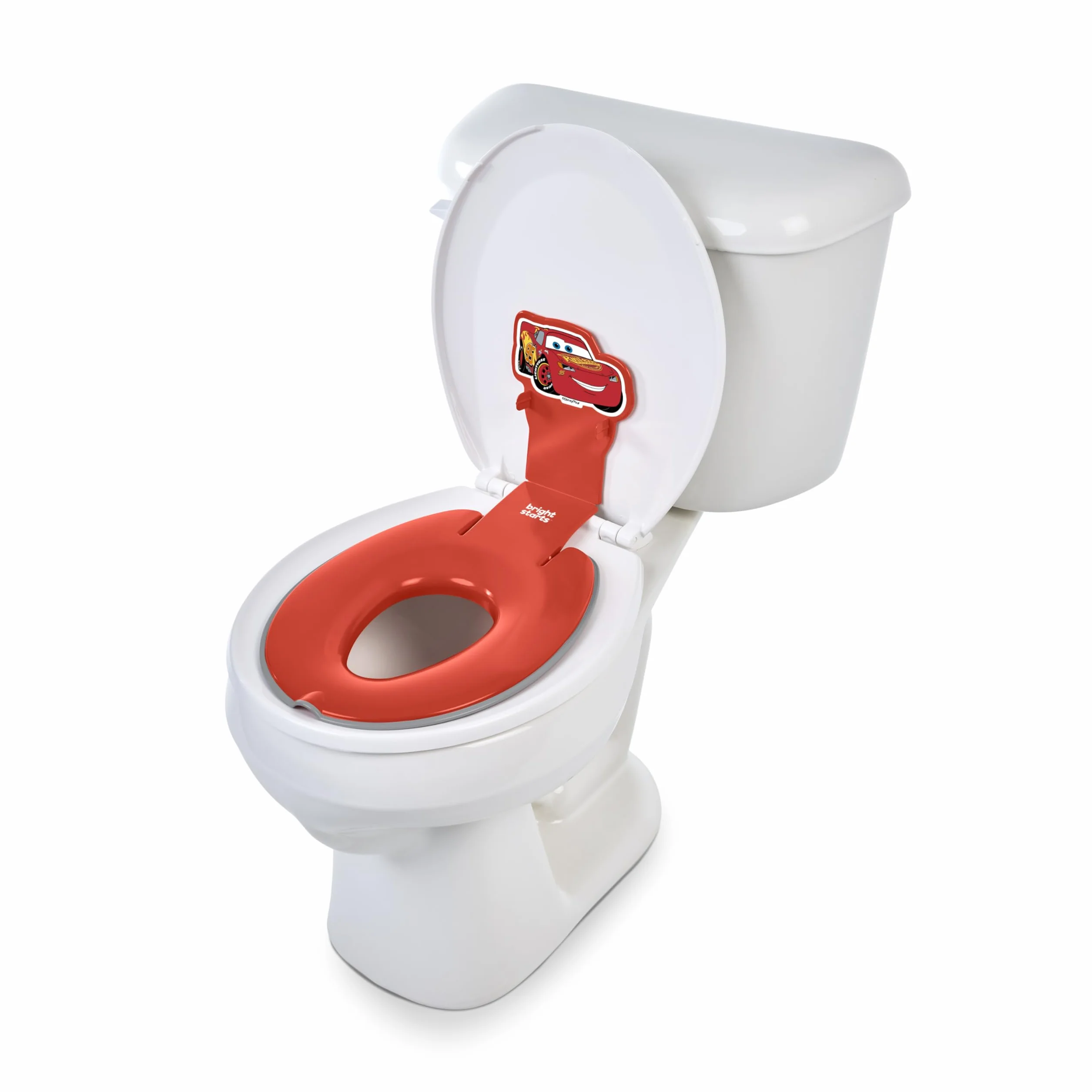 Bright Starts Disney Baby Cars Lightning McQueen Flip & Sit Potty, bezpiecznie mocuje się do toalety, oszczędzająca miejsce konstrukcja pasuje do większości toalet, łatwa do czyszczenia