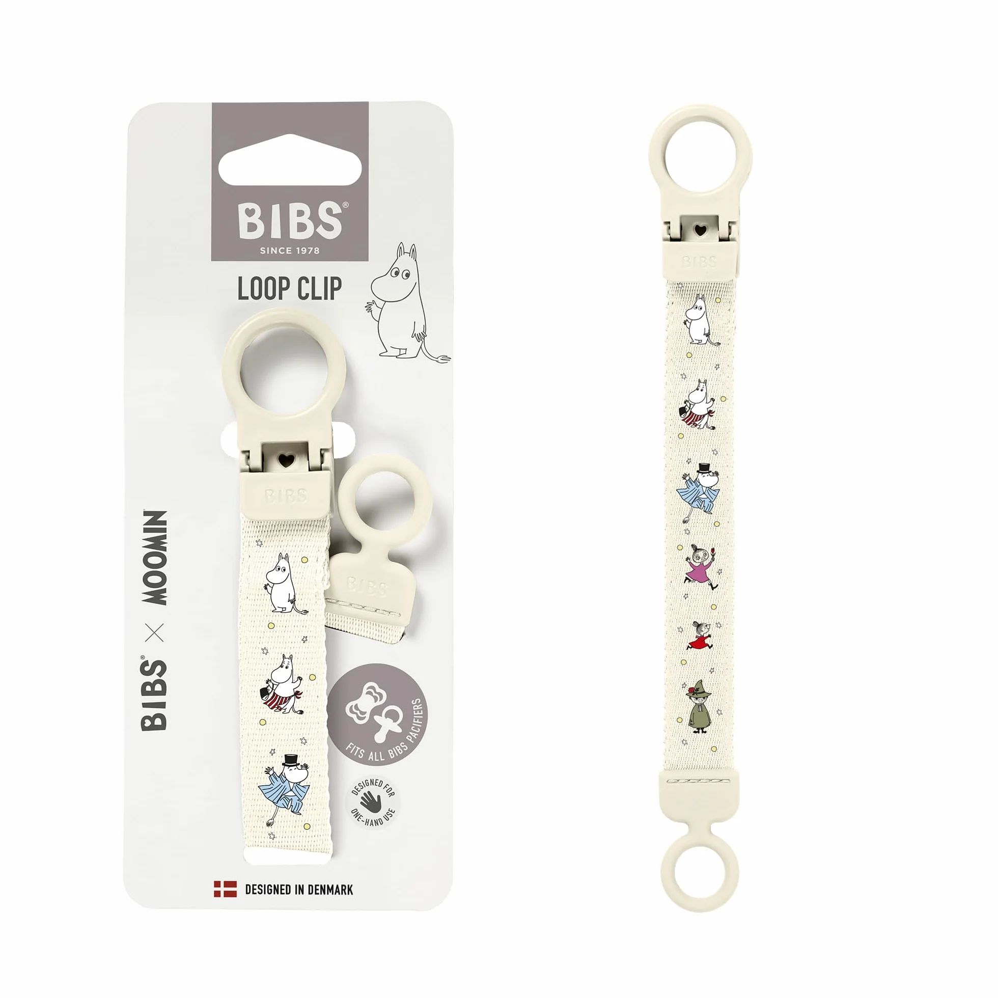 Klips do smoczka BIBS x Moomins Loop – elegancki, bezpieczny w obsłudze jedną ręką, pasuje do wszystkich smoczków BIBS i większości marek, można prać w pralce, wiek: 0+ - Ivory