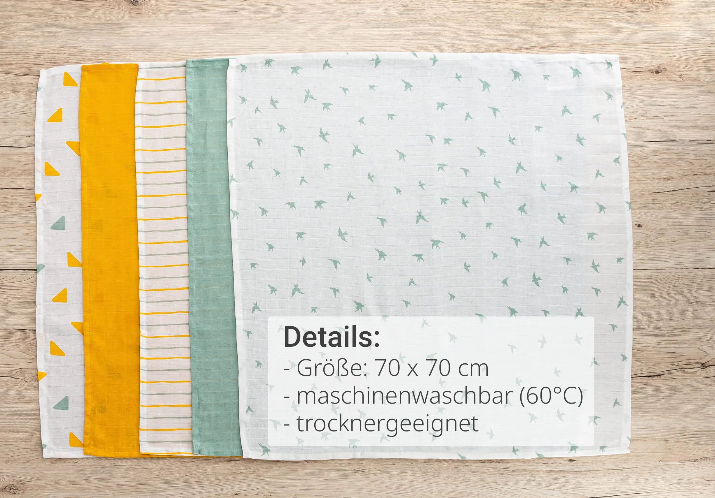LaLoona pieluchy muślinowe, 5 sztuk, 70 x 70 cm, 5 sztuk, miękkie ściereczki z muśliny, sprawdzone pod kątem ÖkoTex, kolorowe pieluchy materiałowe, 100% bawełny (miętowo-żółte)