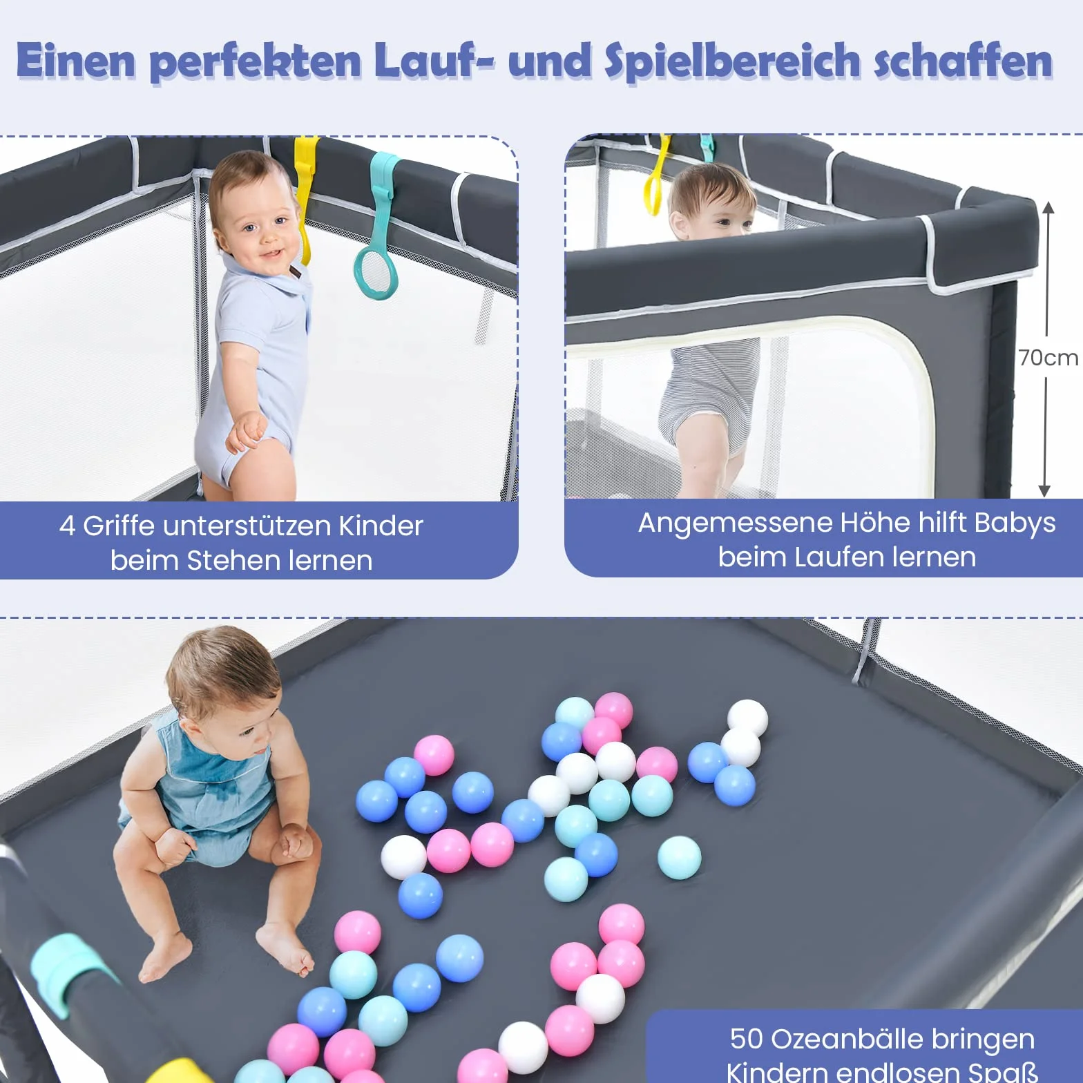 COSTWAY Kojec dla niemowląt 124 x 124 cm, składany, przenośny kojec z 50 piłkami, 4 uchwyty, funkcja blokowania, kratka do raczkowania ze ściankami z siatki i drzwiami, namiot dla niemowląt i dzieci