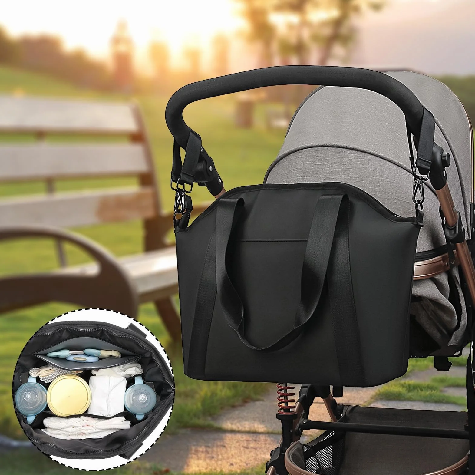 Stroller Diaper Bag, wodoodporna torba na pieluchy, torba na pieluchy, wielofunkcyjne torby na pieluchy, torby na pieluchy o dużej pojemności, 13,3 x 6,1 x 9,4 cm na mokre wycieraczki, pieluchy,