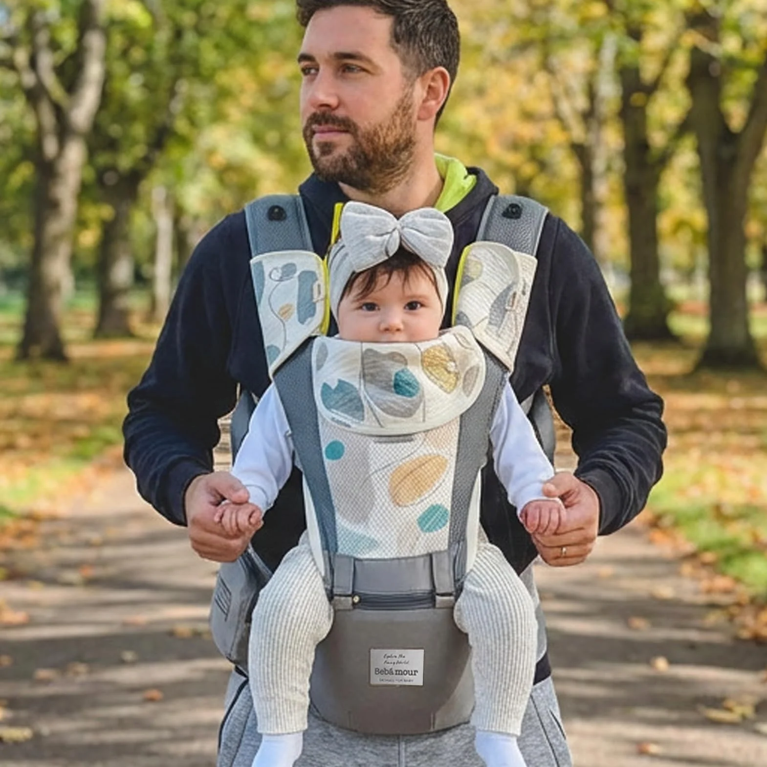 Bebamour Ergonomiczne nosidełko dla niemowląt z siedziskiem biodrowym/czysta bawełna, lekka, oddychająca, wielofunkcyjna, dla niemowląt na 0-36 miesięcy (Air Grey with Designed)