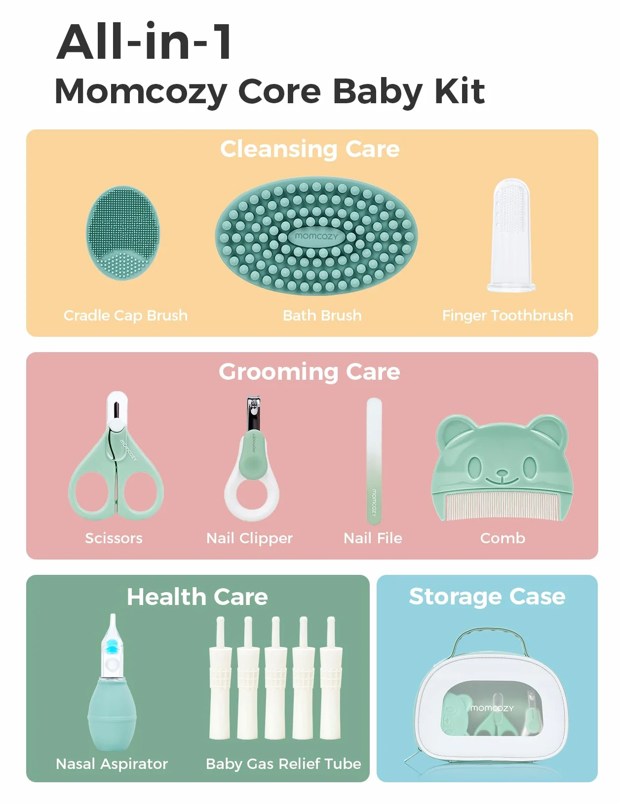 Momcozy Core Baby Kit, podstawowy zestaw dla dziecka do pielęgnacji i zdrowia oraz czyszczenia, zestaw pilniczek do paznokci, aspirator do nosa, rury do odgazowania, szczotki do kąpieli, szczoteczka