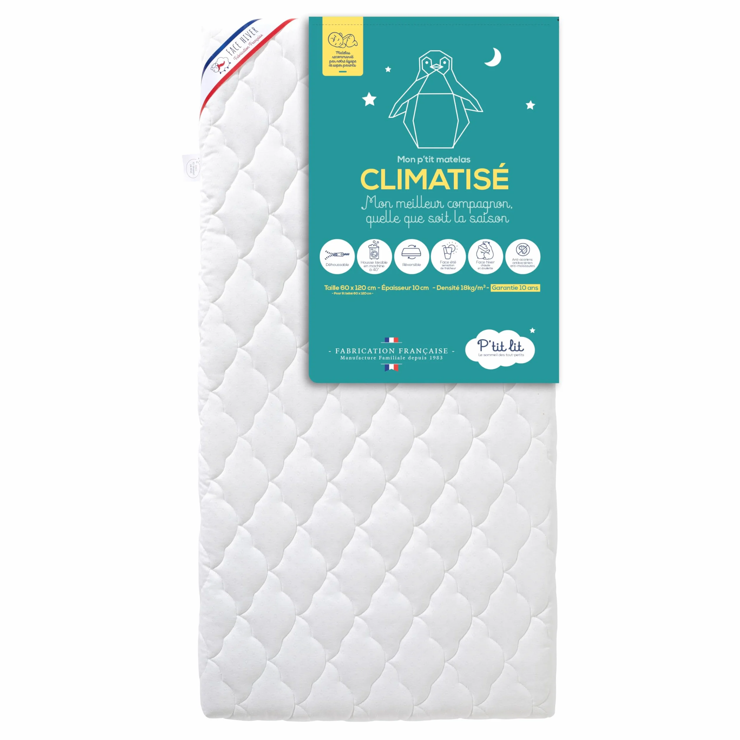 P'tit Lit - Klimatyzowany materac dziecięcy - 60 x 120 cm - 1 strona chłodnego lata / 1 strona zimowa watowana - Anti Acarien - Zdejmowany - Oeko Tex® - Wyprodukowano we Francji