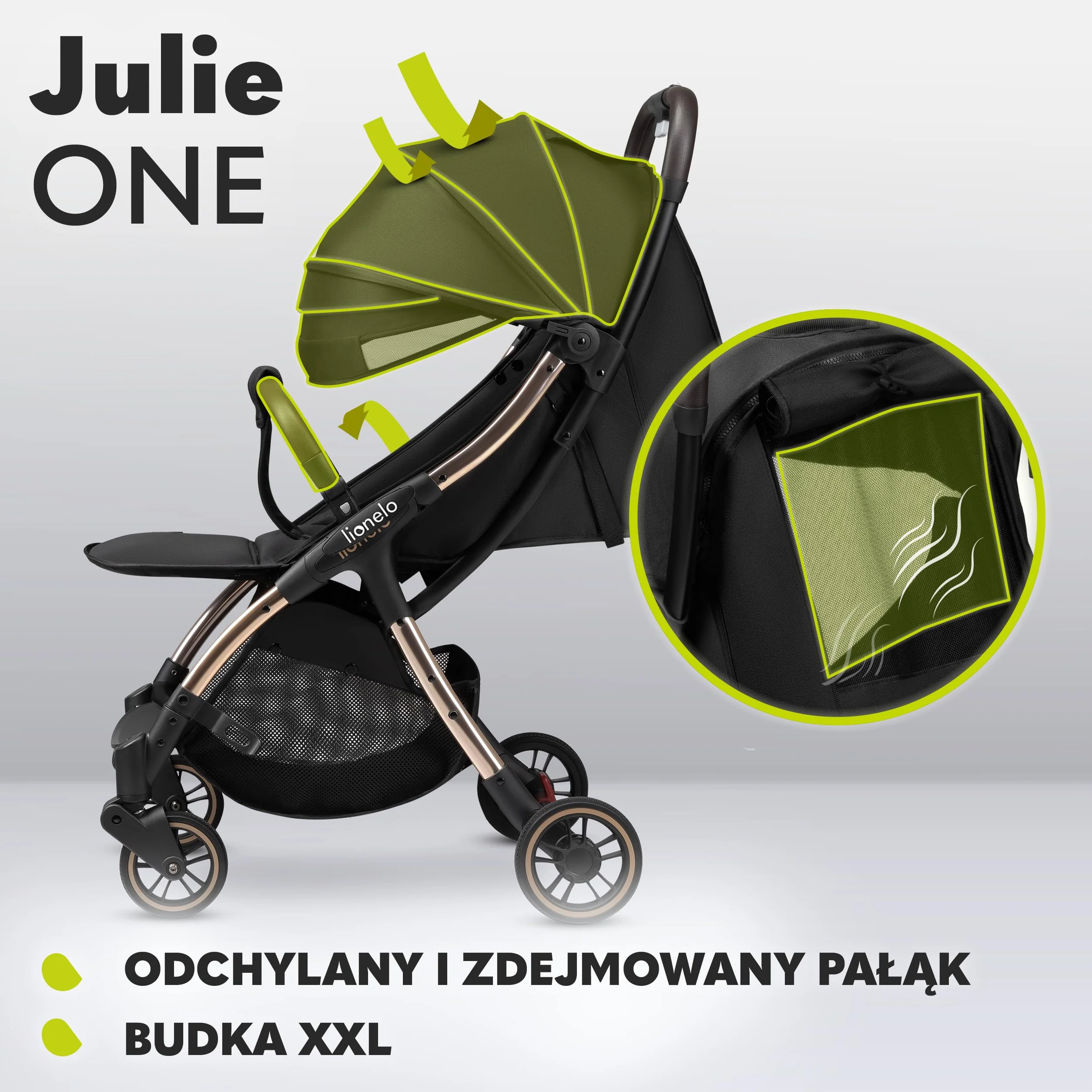 LIONELO Julie One wózek spacerowy do 22kg, regulacja oparcia od pozycji siedzącej do leżącej, regulowany podnóżek, ocieplacz na nóżki, moskitiera, torba do transportu (Golden Moments)