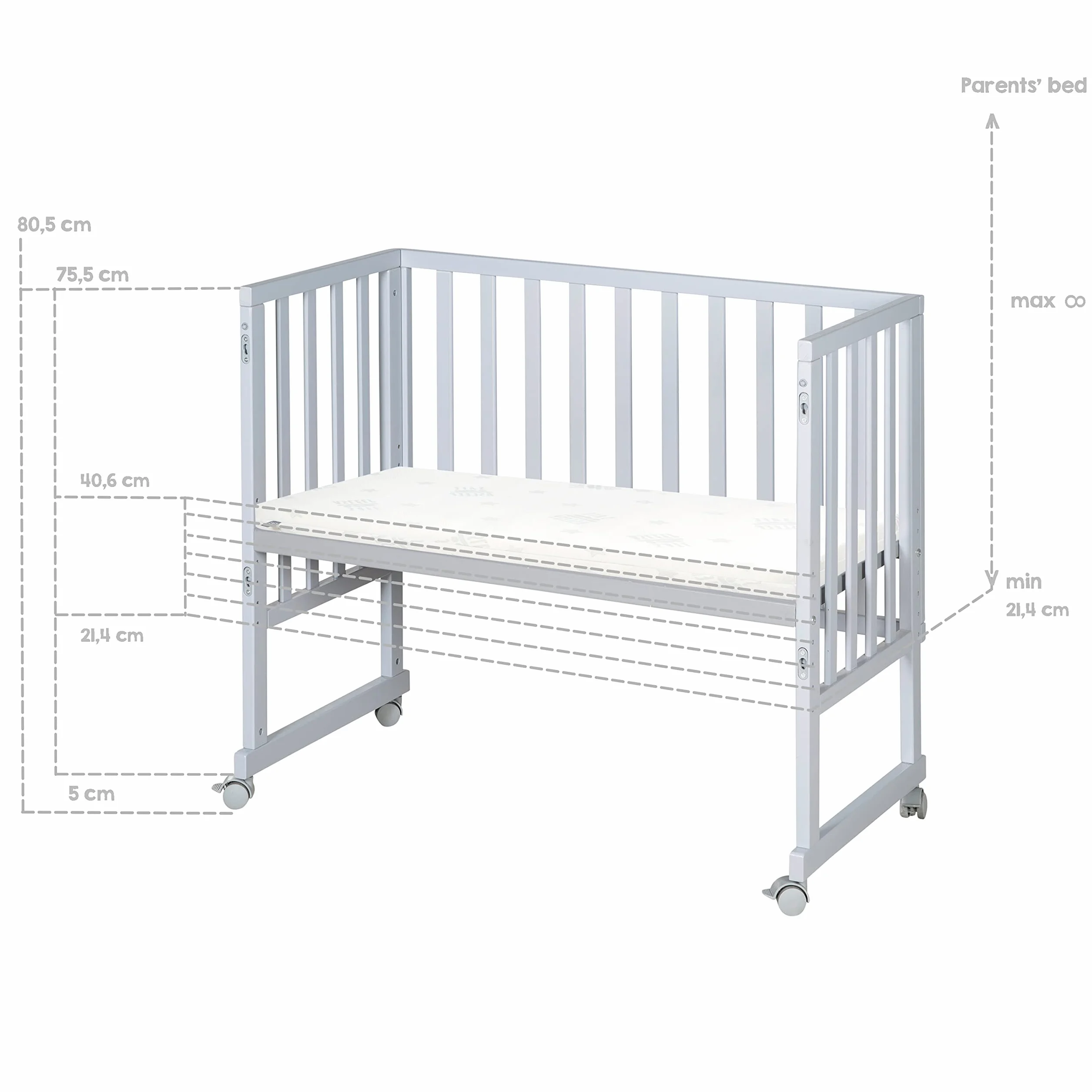 roba Cododo Łóżko 45 x 90 cm safe asleep 3 w 1 - Regulowana wysokość - Kompletny zestaw z łóżeczkiem, materacem, płotą płócienną i kółkami hamulcowymi - drewno szare