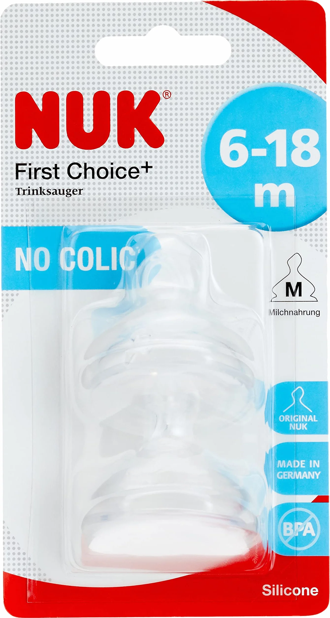 NUK First Choice+ antykoliczny silikonowy smoczek do picia, odpowiedni do sosny, kształt NUK, rozmiar 2 (6-18 miesięcy), M do mleka, 2 sztuki