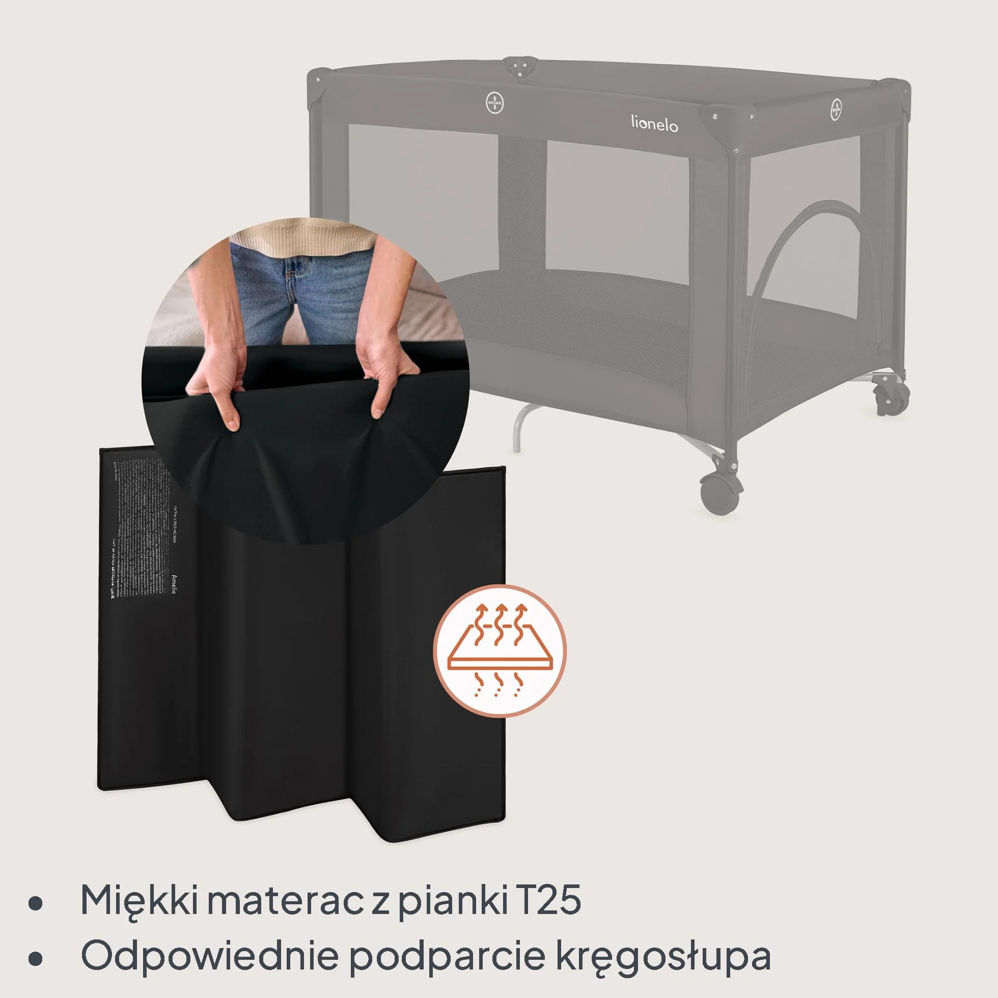 Lionelo Amelie dziecięce łóżeczko podróżne od urodzenia do 15 kg, małe, składane, miękki materac składany, 100,5 x 70,5 cm, 2 koła, boczne wejście, torba podróżna
