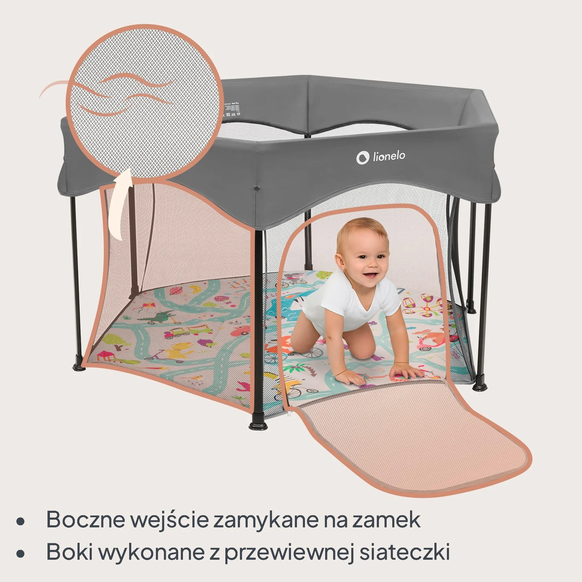 Lionelo Roel Plus Duży Kojec Dziecięcy Składany Przenośny Średnica 134 cm 6–36 mies. 15 kg