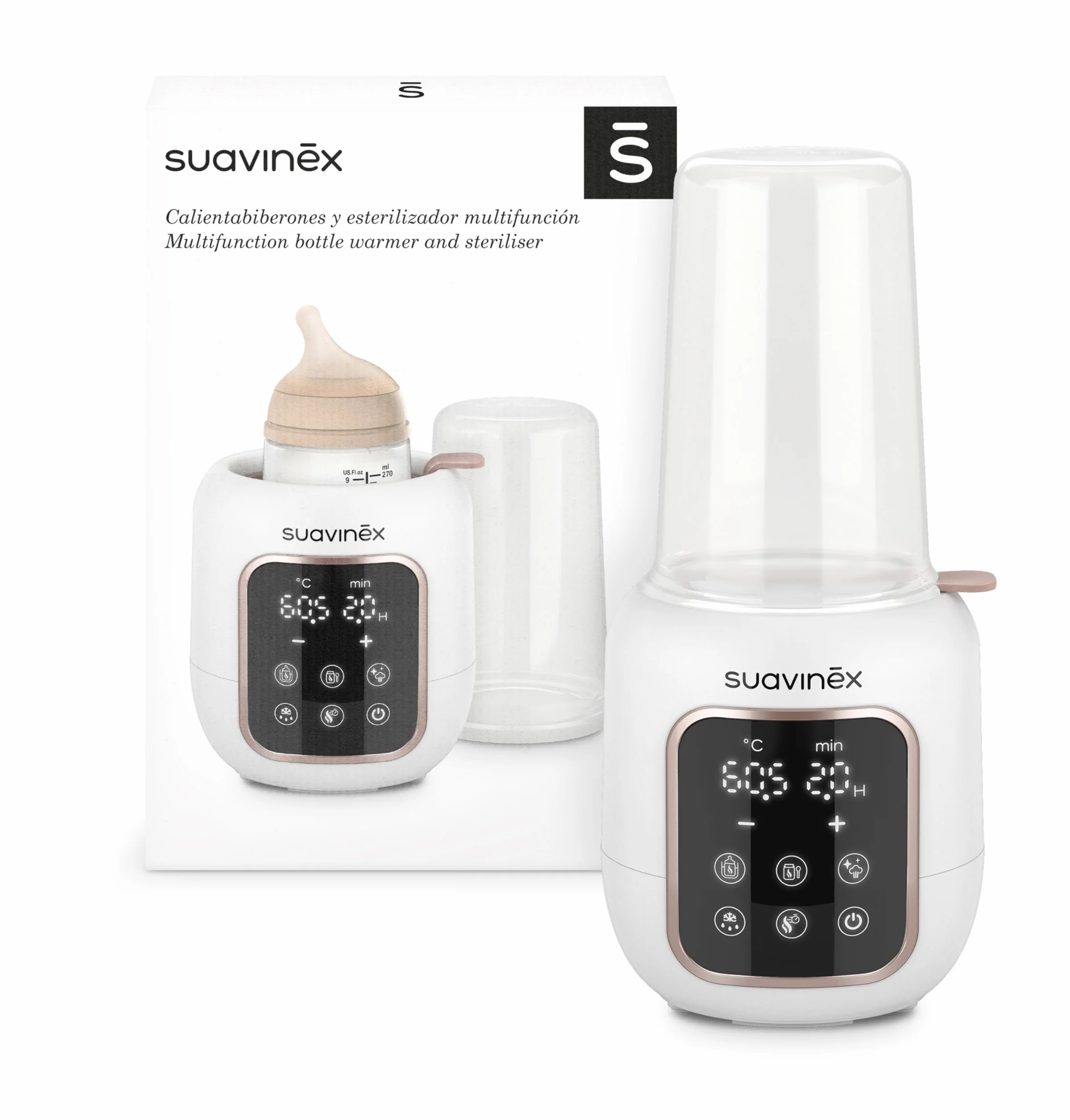 Suavinex, Podgrzewacz do butelek i sterylizator 2 w 1, sterylizuj butelki i smoczki, podgrzej i rozmrażaj butelki, mleko matki i potitos z trybem szybkiego i automatycznego wyłączania, łatwy w użyciu