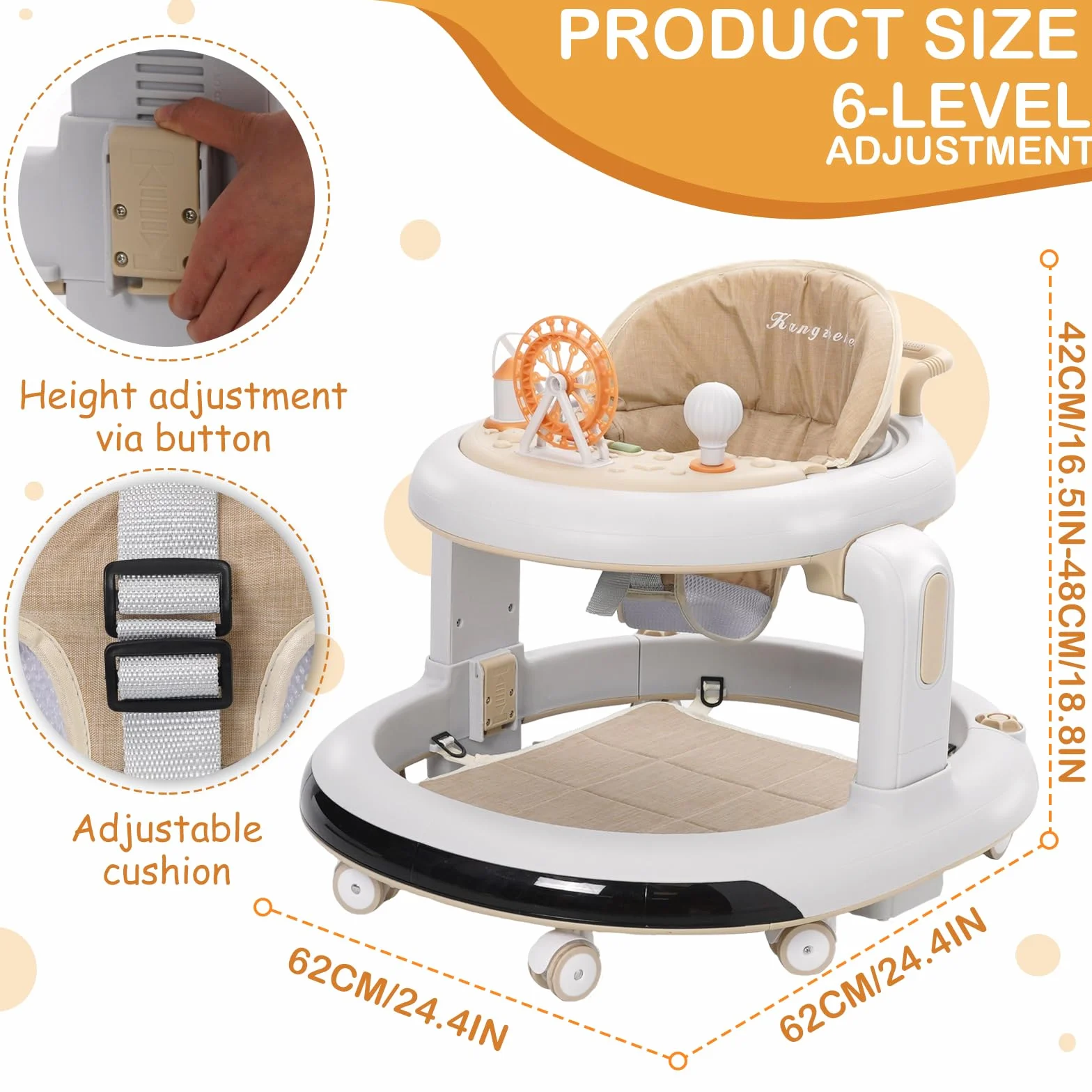 3 w 1 Chodzik dla dzieci, 6 regulowanych wysokości i 2 poziomów regulowanego siedzenia, BabyWalker z cichymi kołami 360°, tacą na kolację i wyjmowaną tacą na muzykę, dla dzieci w wieku 6-18 miesięcy