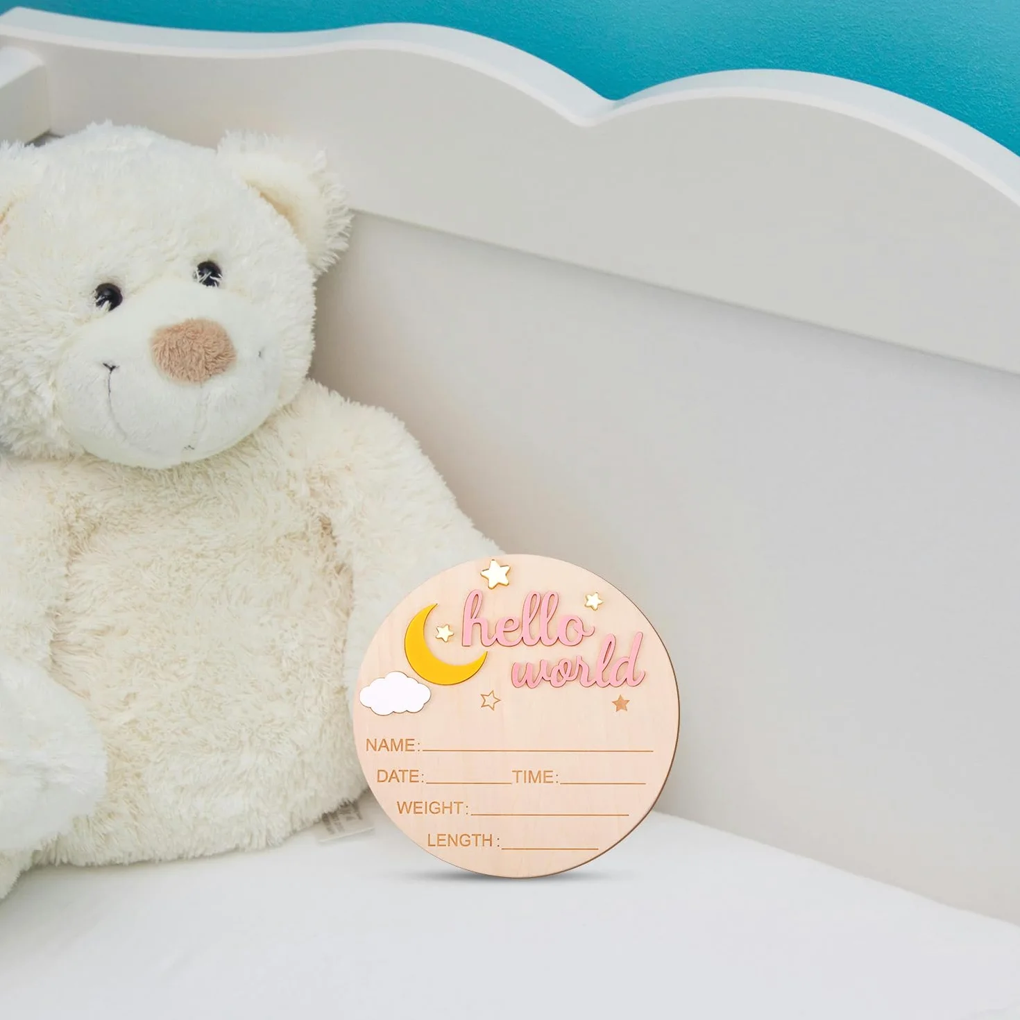 Drewniany Znak dla Noworodka Hello World, Słodka Tablica z Ogłoszeniem o Narodzinach Tabliczka z Imieniem Dziecka dla Dziewczynki i Chłopca Rekwizyty do Zdjęć na Baby Shower (Różowy)