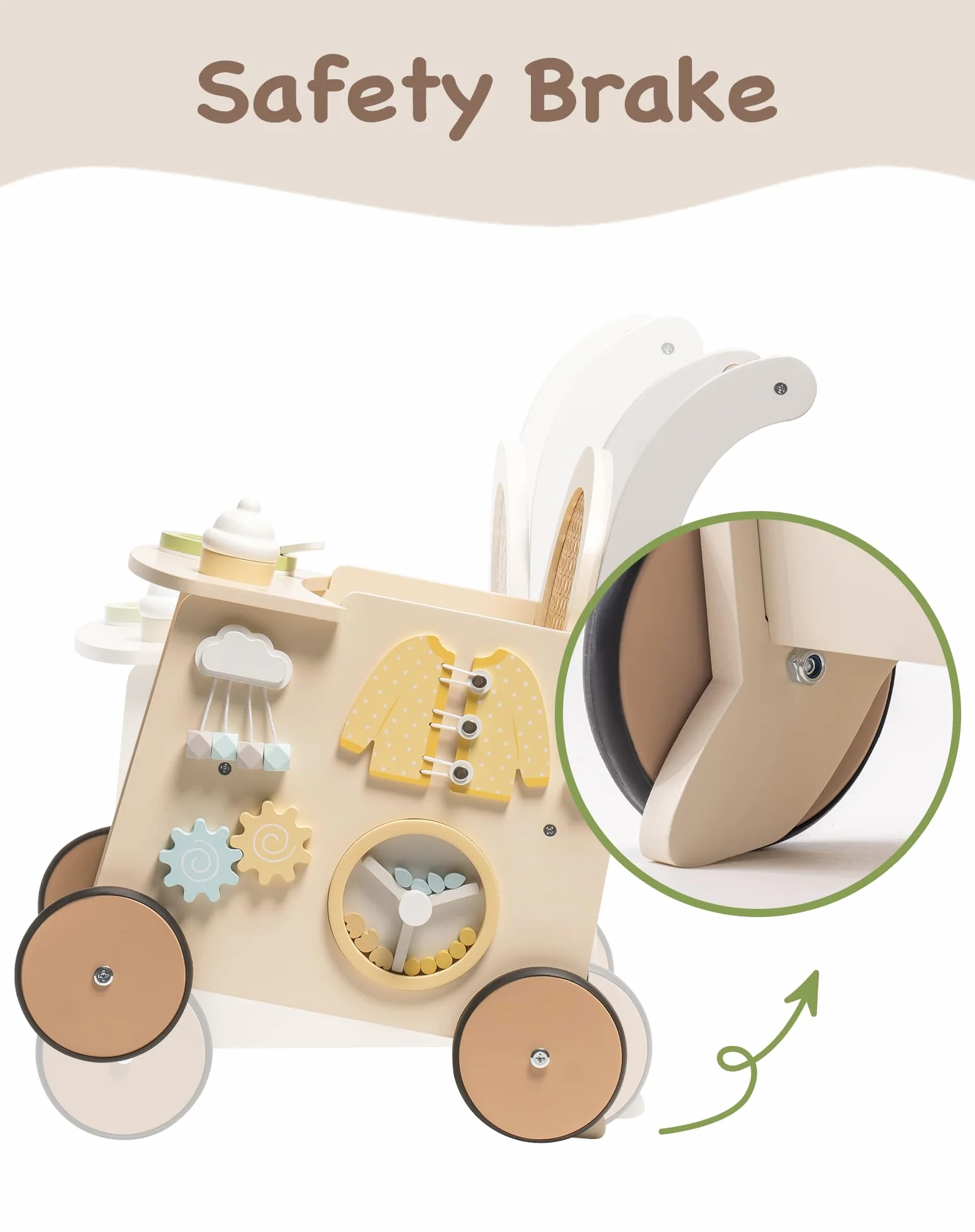 ROBUD Drewniany pomocnik do nauki chodzenia Baby Walker 2 w 1, wózek do nauki chodzenia z Montessori Busy Activity Board, hamulec bezpieczeństwa, zabawka na spacery, prezent