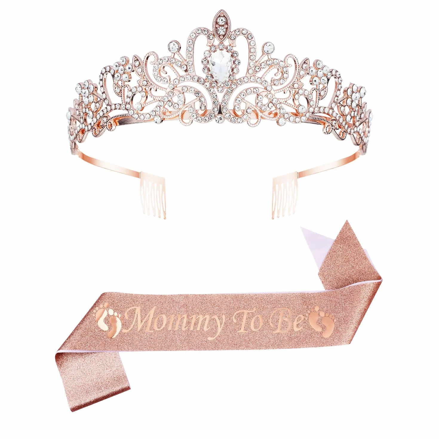 SAVITA Mom To Be Baby Shower Decorations, Mom To Be Sash Mom To Be Crown Mom To Be Sash Tiara dla Chlopców i Dziewczynek (Rózowe zloto)