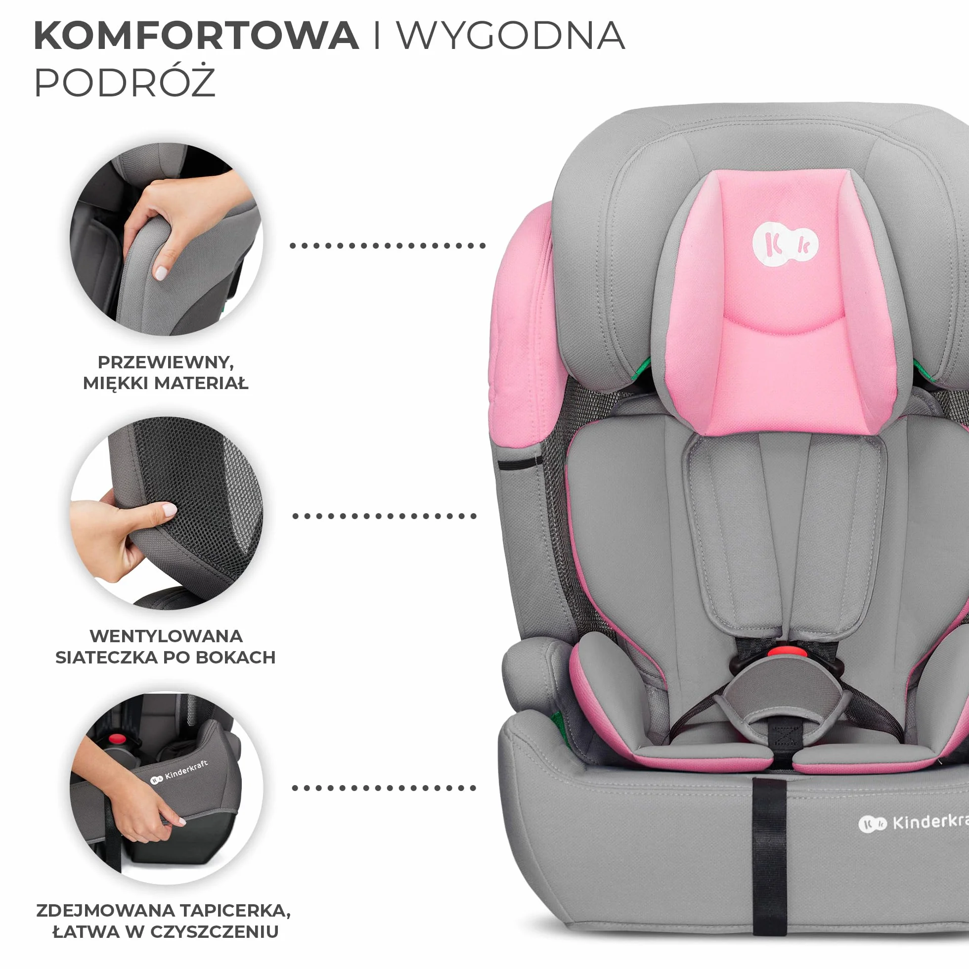 Kinderkraft COMFORT UP Fotelik samochodowy i-Size, Regulowany zagłówek, Poddany testom zderzeniowym, Systemy bezpieczeństwa, Wkładka dla najmłodszych, Norma R129, Grupa ECE I/II/III 9-36 kg, Różowy