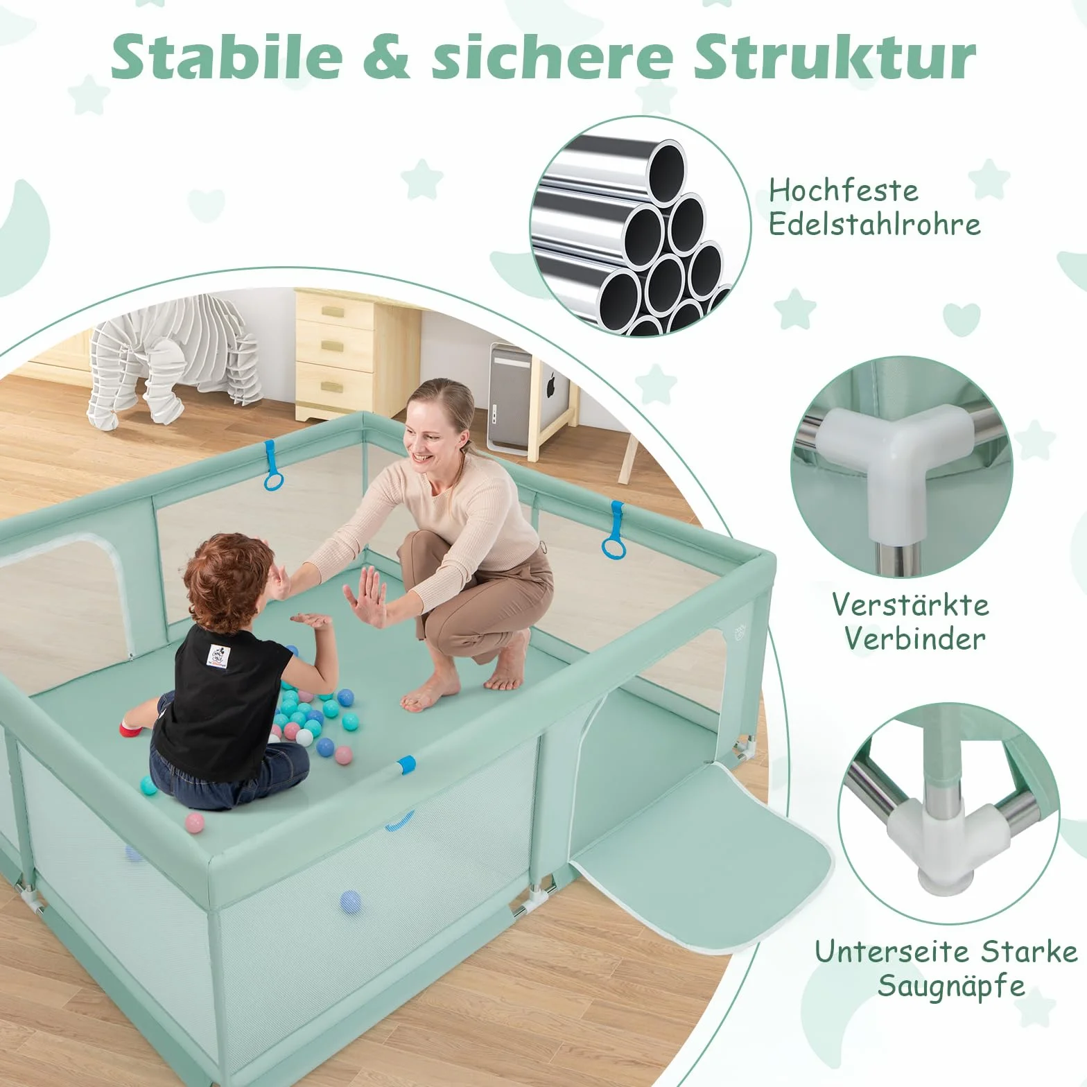 GOPLUS Kojec dla niemowląt 200 x 180 cm, kojec z materacem, 4 pierścienie pod ręce i 50 piłek do zabawy, kratka do raczkowania z oddychającą siatką, drzwi i zamek błyskawiczny dla niemowląt i małych