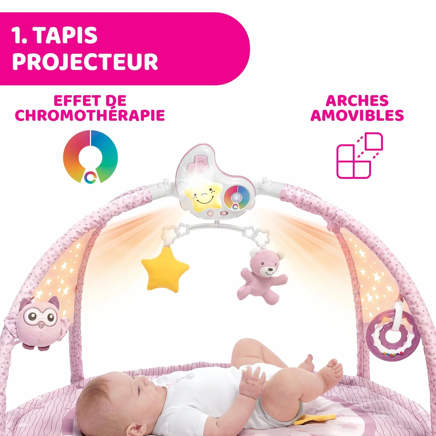 Chicco Mata dla Niemowlaka 3w1,z Projektorem Gwiazdek, Lampką Nocną z Relaksującą Muzyką, dla dzieci 0+m, Różowa